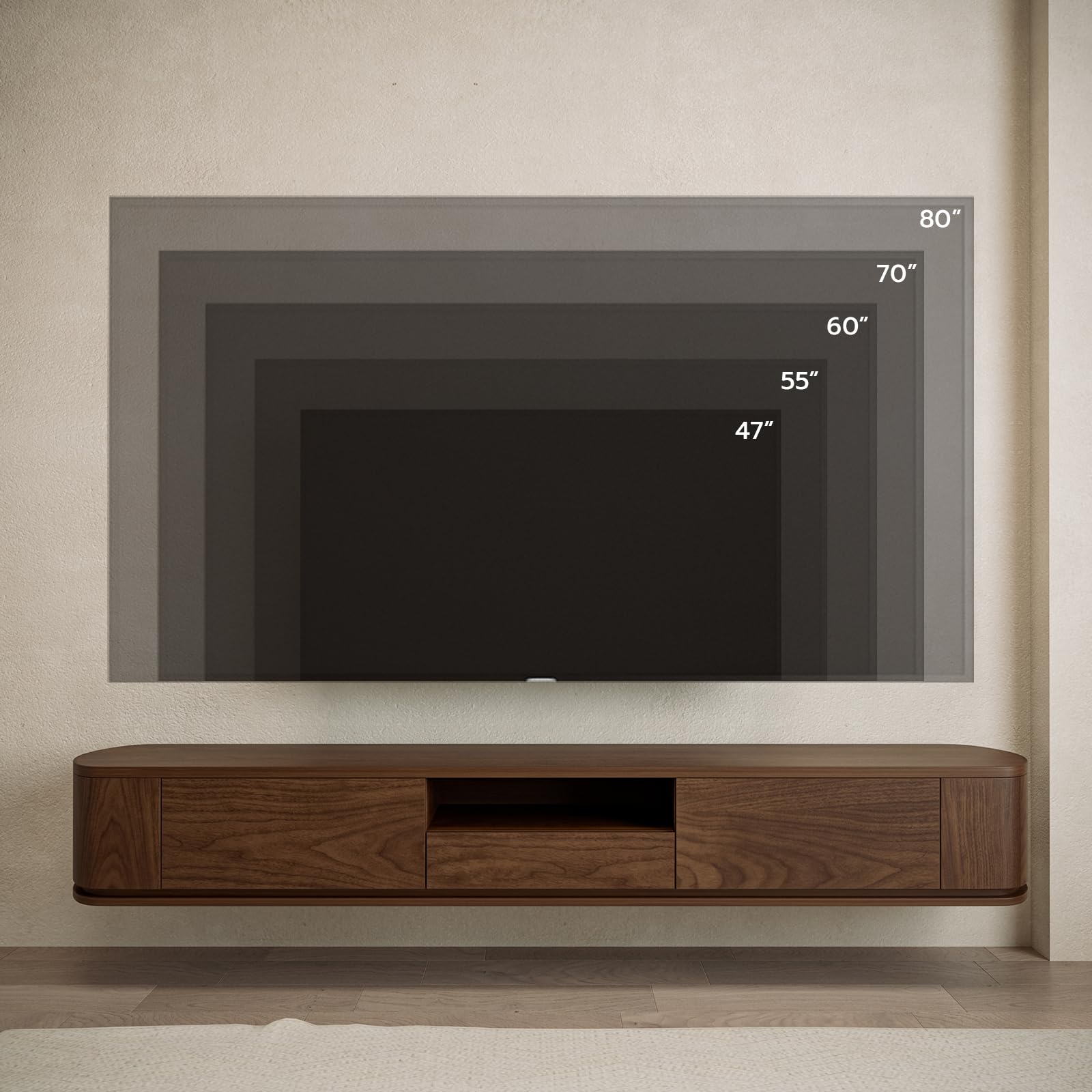 IKIFLY Moderner Schwebender TV-Schrank, Wandmontiertes Unterhaltungsmöbel Mit Schubladen und Zwei Schränken, Walnuss,180cm