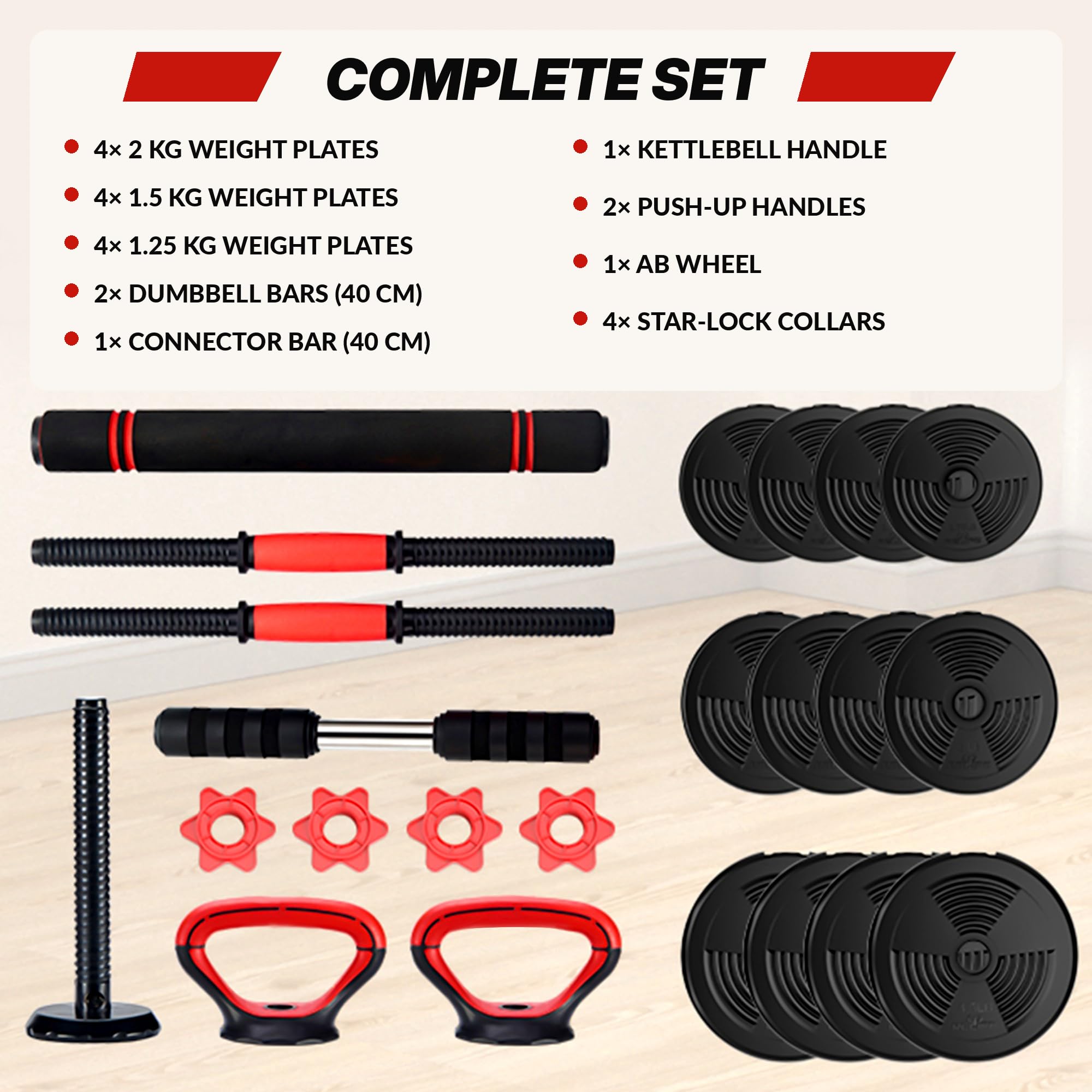 20 kg, kit per sollevamento pesi 5 in 1 con barra lunga, kettlebell, ruota addominale e manici pompe, set pesi per sport domestici, principianti e confermati, nero