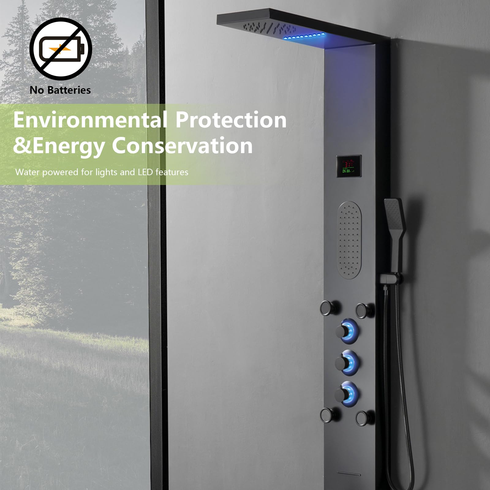 Led Shower Panel Led System BATHLAVISH Black Shower Panel LED Light Temperature Display 304 ...