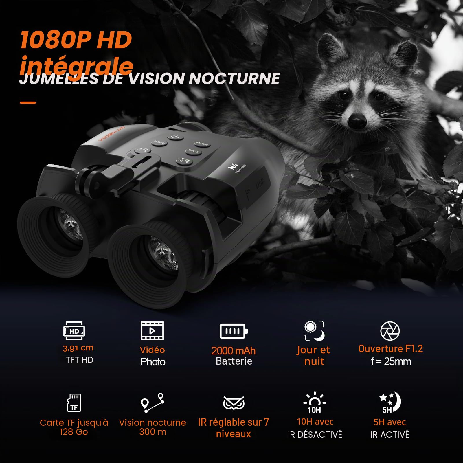 Lunettes de vision nocturne montées sur la tête, jumelles infrarouge numérique mains libres FHD, enregistrent des vidéos 1080p et photos 10 m, zoom numérique 5x