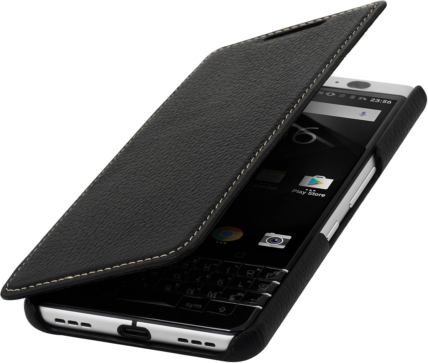 StilGut Genuine Leather Flip Case for BlackBerry KEYone, Slim Book Type Cover with Sleep/Wake Function, Black