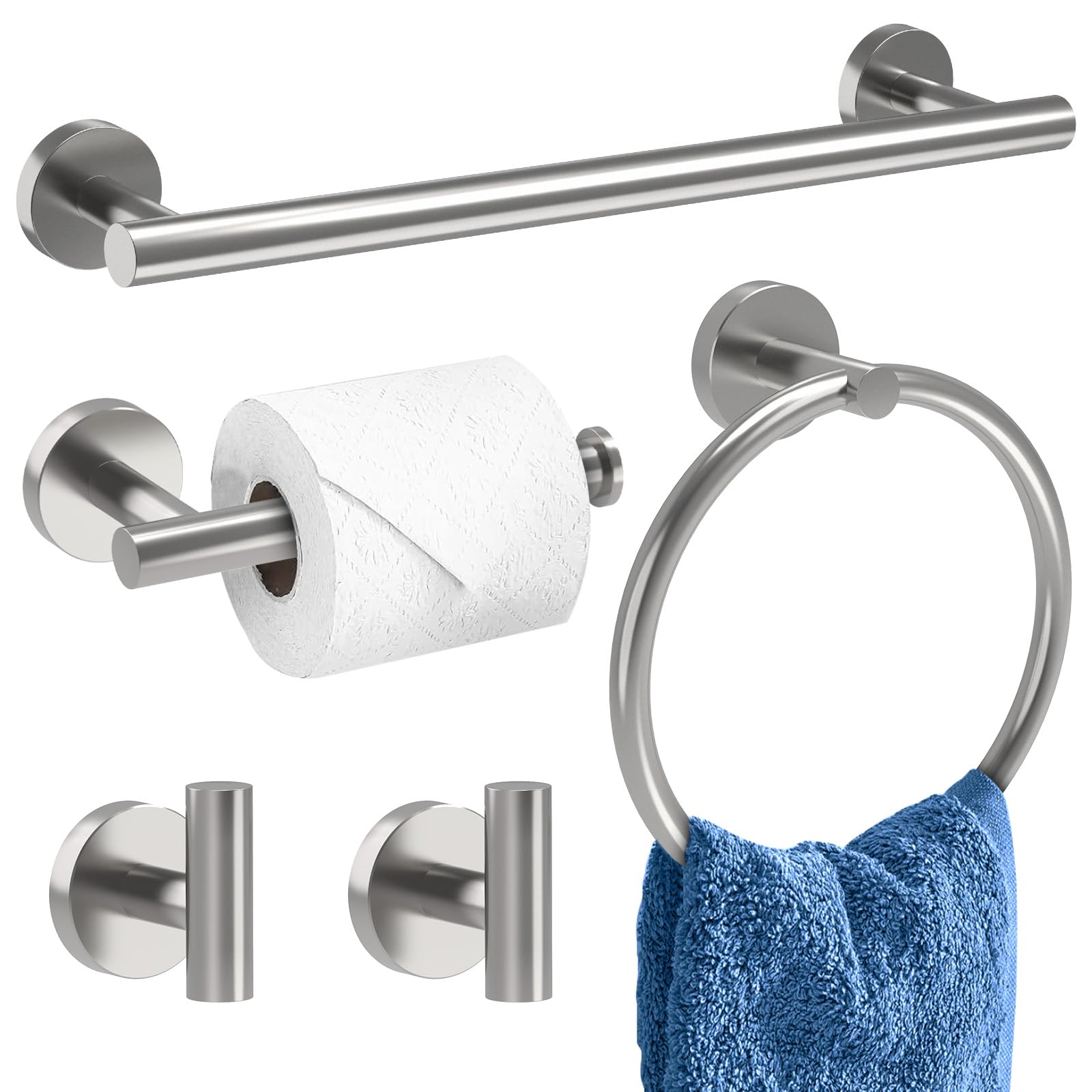 Brushed Nickel Bathroom Accessories, Bathroom Hardware Set, SUS304 Stainless Steel Bathroom Towel Holder Set, 16 Inch Towel Bar Set 5 Pcs, 2 Towel Hooks, Toilet Paper Holder, Towel Ring