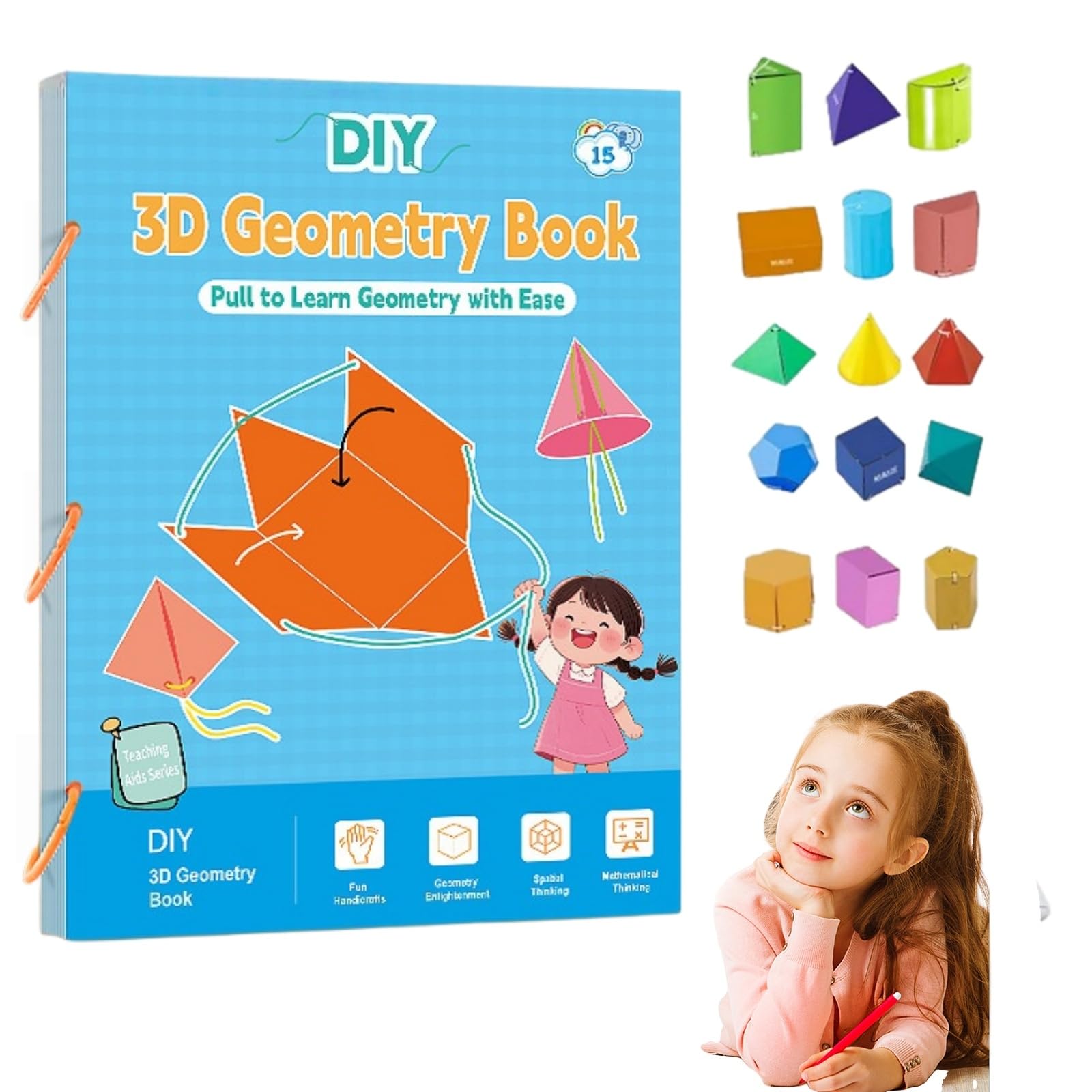 Pull String 3D Geometry Learning Book, DIY Solid Educational Books, Geometry for Beginners with 15 Solids Geometric Models Space Thinking Training Game for Boys Girls