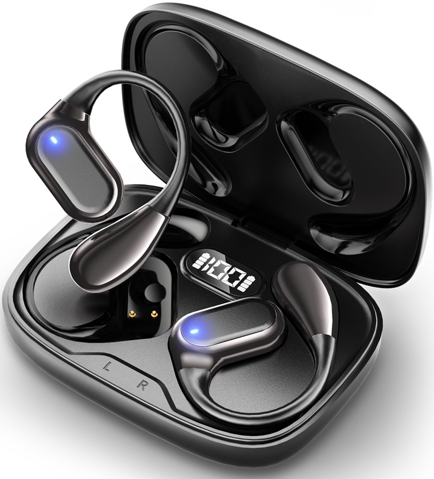 イヤホン bluetooth ワイヤレスイヤホン Aetyt 耳掛け式 ぶるーとゅーす イヤフォン オープンイヤー Type-C急速充電 空気伝導 耳塞がず快適 LEDディスプレイ 落ちない 快適装着感 ランニング スポーツ 片耳/両耳モード 通勤通学/WEB会議 に適用 iOS/Android (ブラック1.03)