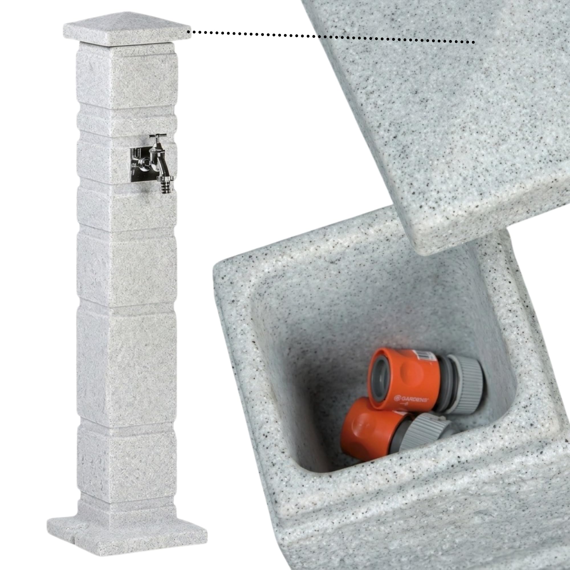 YourCasa Classic Wassersäule Garten Granit-Optik | Römische Wasserzapfsäule mit 3/4 Wasserhahn & Aufbewahrungsbox | 111 cm Standbrunnen Zapfstelle | Witterungsbeständig (Sandstein)