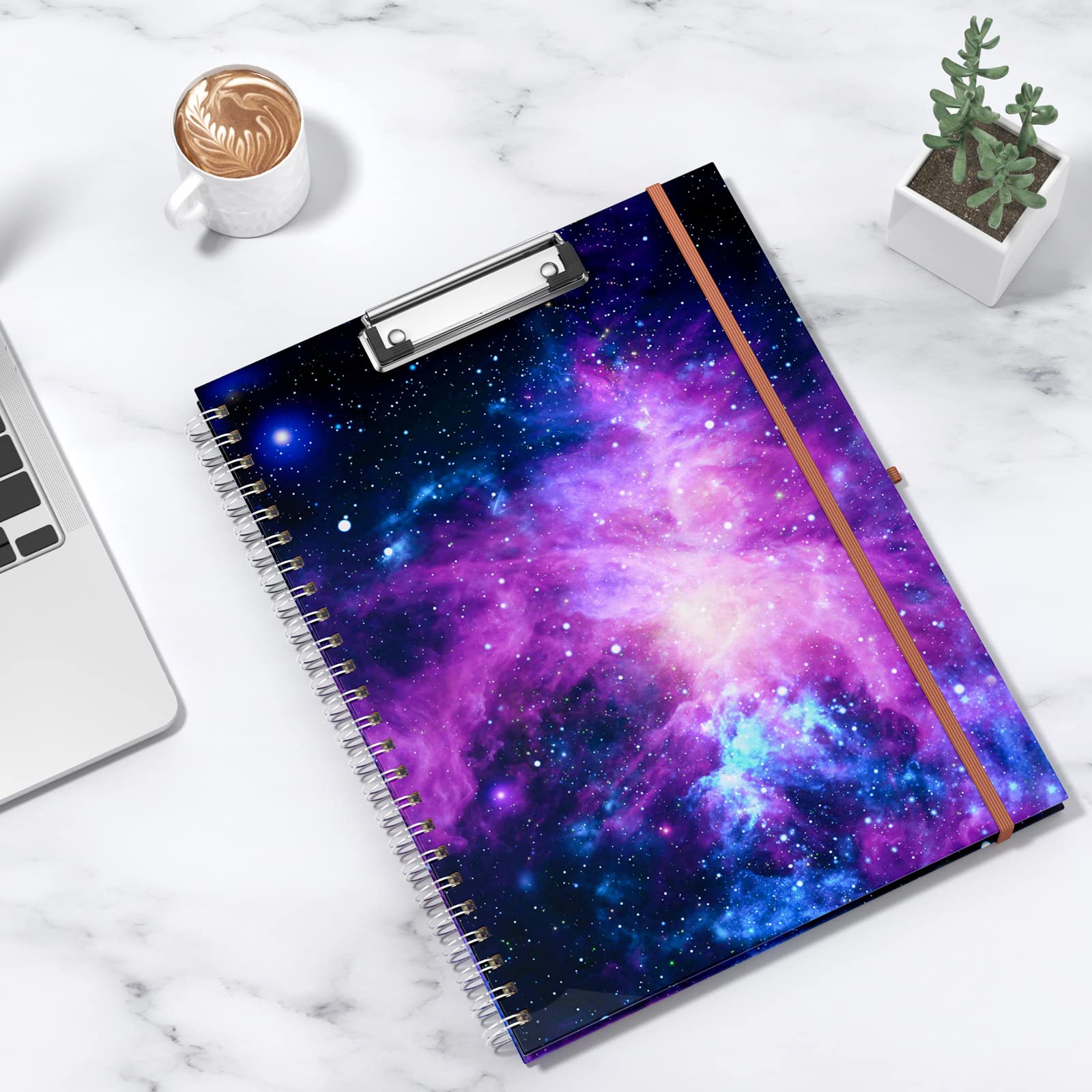 Rimilak Spiral-Klemmbrett, mit nachfüllbarem, liniertem Notizblock, 36,7 x 24,8 cm, Hardcover-Klemmbrett mit 5 Innentaschen, Gummiband und Stiftschlaufen-Serie Niedliches, stilvolles Clipfolio, Galaxy