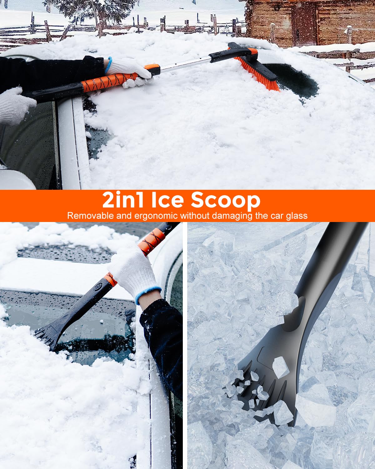 DooGooCoo [Actualización] Rascador de hielo y cepillo de nieve extensible para parabrisas de coche [resistente de grado militar] – Cabezal de cepillo giratorio de 360° con agarre de silicona para una