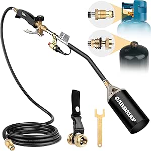 Propane Torch Burner Weed Torch High Output 500,000 BTU with 9.8FT Hose,Heavy Duty Blow Torch Flame Control and Turbo Trigger Push Button Igniter,with 1 LB Propane Adapter,for Garden Ice Snow Road