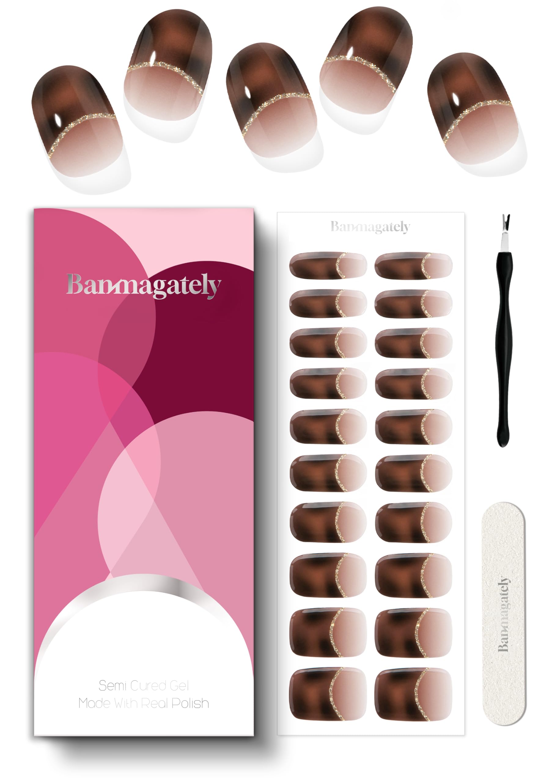 Banmagately Semi Cured Gel Nail Strips, 20Pcs Long Lasting Salon Quality Wraps, Easy Apply & Remove Gel Nail Stickers with UV Light (Peachy Amber