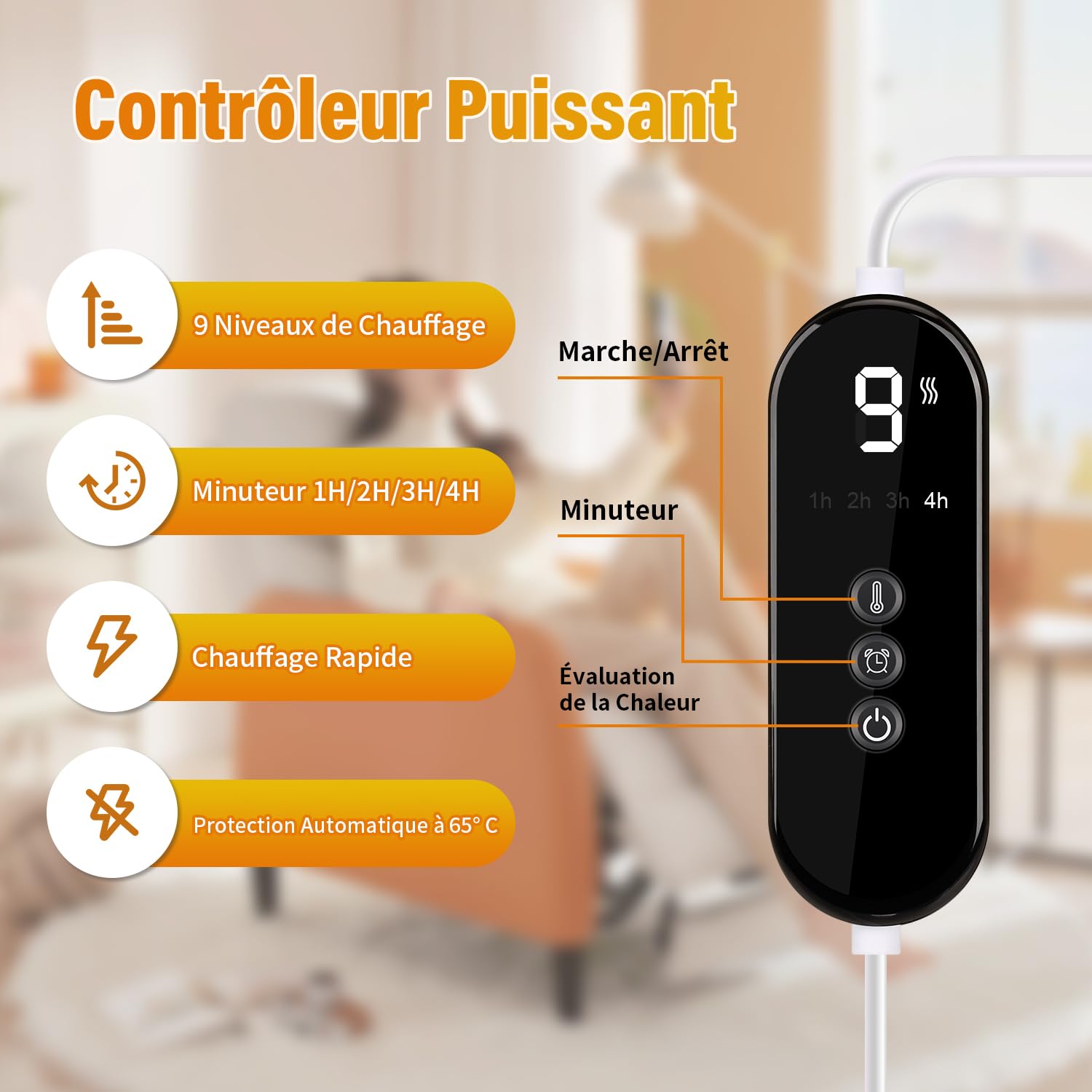 Onherm Coussin Chauffant Electrique Epaule et Nuque 48×58cm, 9 Niveaux de Chaleur Coussin Chauffant Cervicales et Dos, 1-4H Timer et Arrêt Automatique, Flanelle, Lavable en Machine