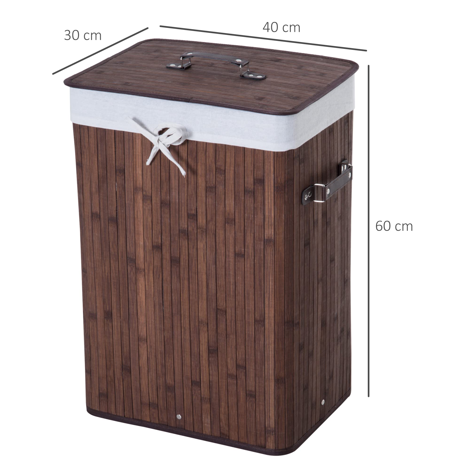 HOMCOM Cesto de Ropa Sucia Plegable con Tapa 67L, Cesta Ropa Sucia de Bambú, 2 Compartimentos, Bolsa Extraíble, para Dormitorio, Baño, Lavandería, 40x30x60 cm, Marrón