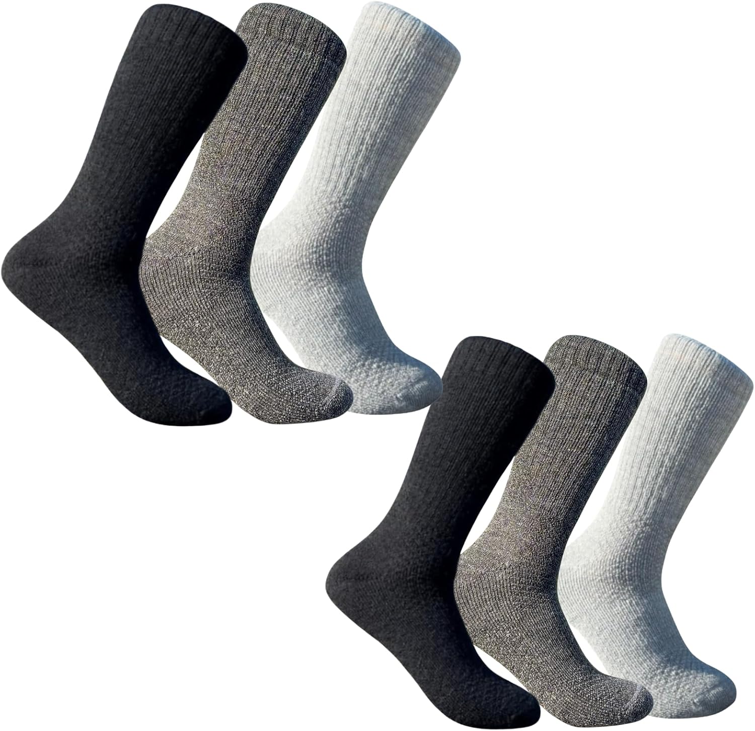 Baby Alpaca Hiking Socks - 6 Pairs - Premium Outdoor Crew Socks for Men & Women – Ultra-Soft, Breathable, Durable - 2 Light Grey, 2 Charcoal Grey, 2 Black - Large