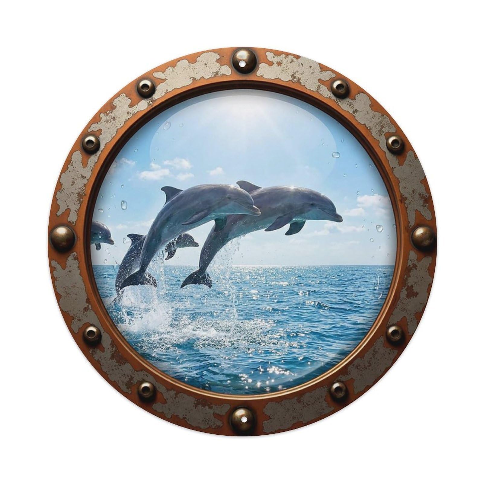 Vintage Porthole Dolphin Pod Nautical Window View Vintage Metal Tin Sign Plaque Wall Decor for Cafe, Club Bar, Office, Garden Metal Poster 8x8Inch