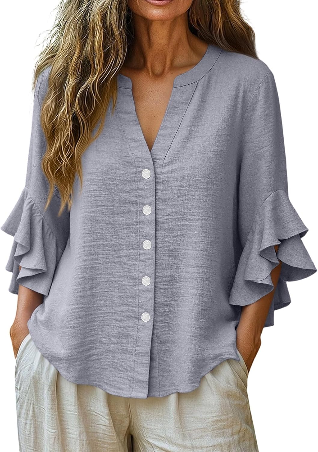 Womens Button Down Shirts Cotton Linen Casual Summer | Womens Button Down Shirts Cotton Linen Casual Summer 3/4 Sleeve Blouses V Neck Tops Fall Clothes Outfits