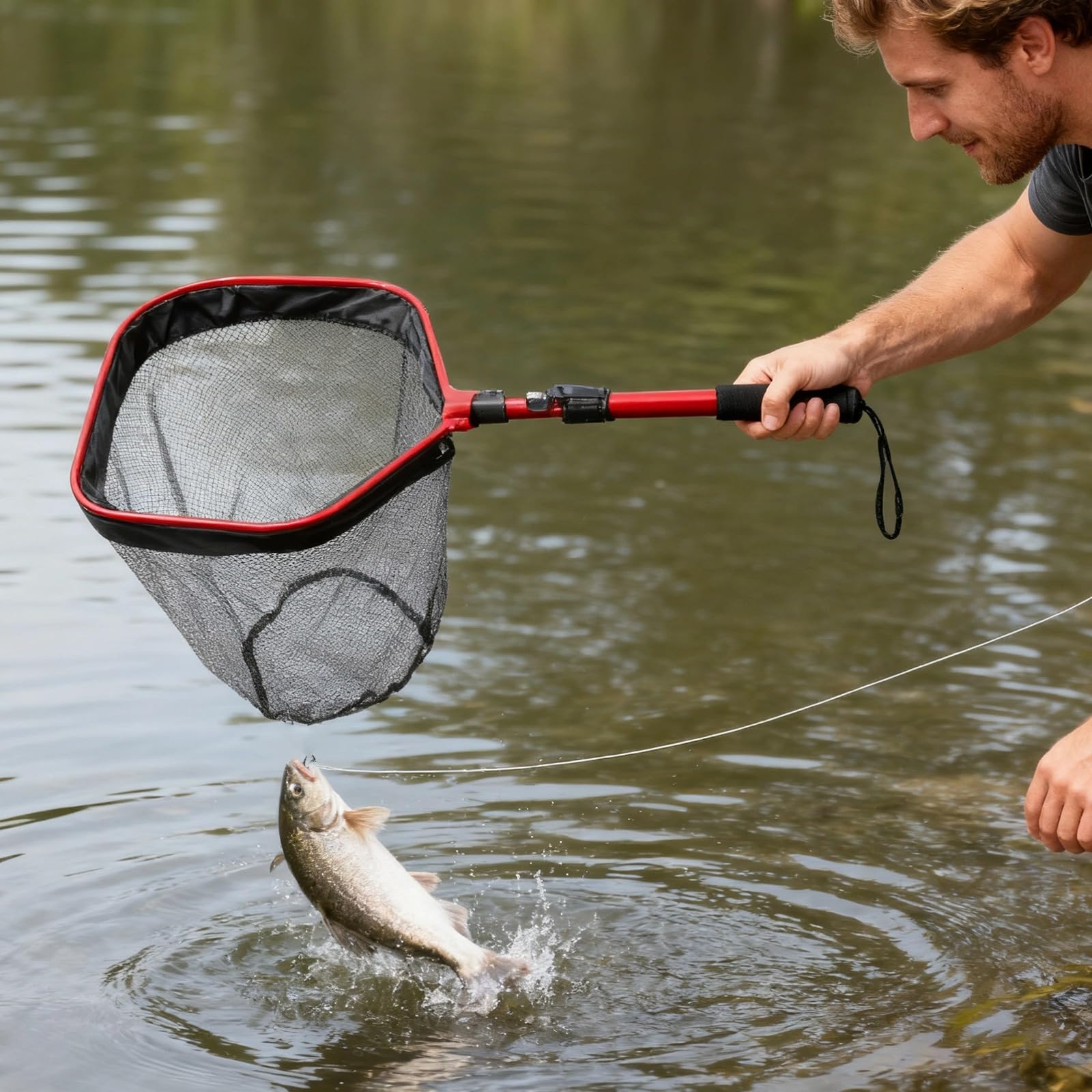 Épuisette Pliable pour pêche, Perche en Alliage d Aluminium, Filet revêtu de Caoutchouc, Longueur déployée 41,3 in / 105 cm, Profondeur 19,7 in / 50 cm, tête carrée, Charge 44 lbs / 20 kg, Rouge