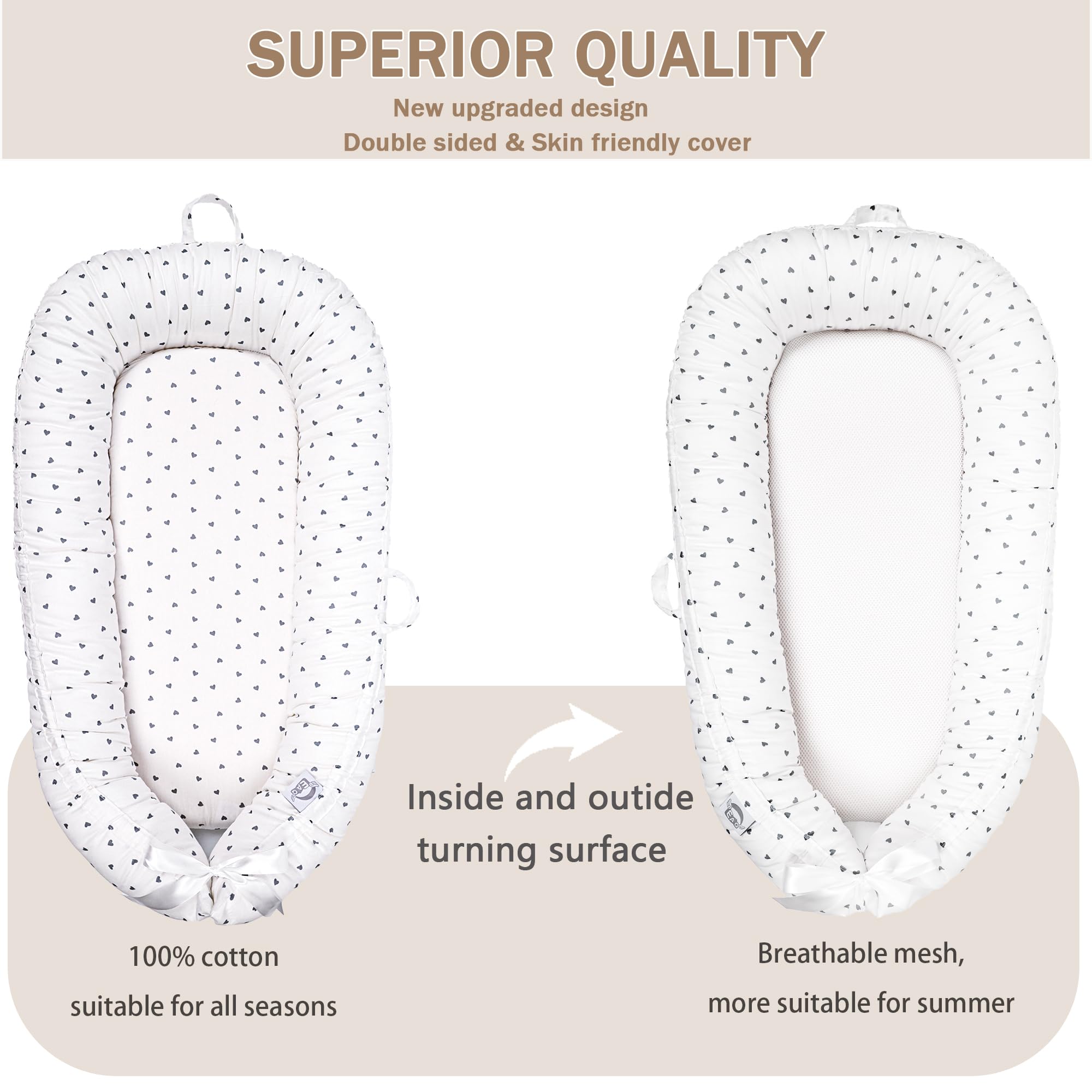 EAQ Baby Lounger Baby Nest for Co Sleeping Baby Bassinet Soft Breathable Perfect for Newborn Gift 100% Cotton Napping or Traveling for 0-12 Months (White-Grey) - Image 4