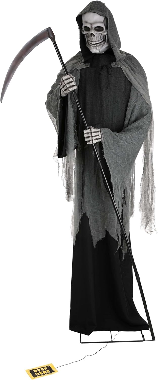 Fun Costumes 9FT Giant Animated Scythe Grim Reaper Outdoor Decoration, Large Black Scary Creepy Talking Yard Prop Standard