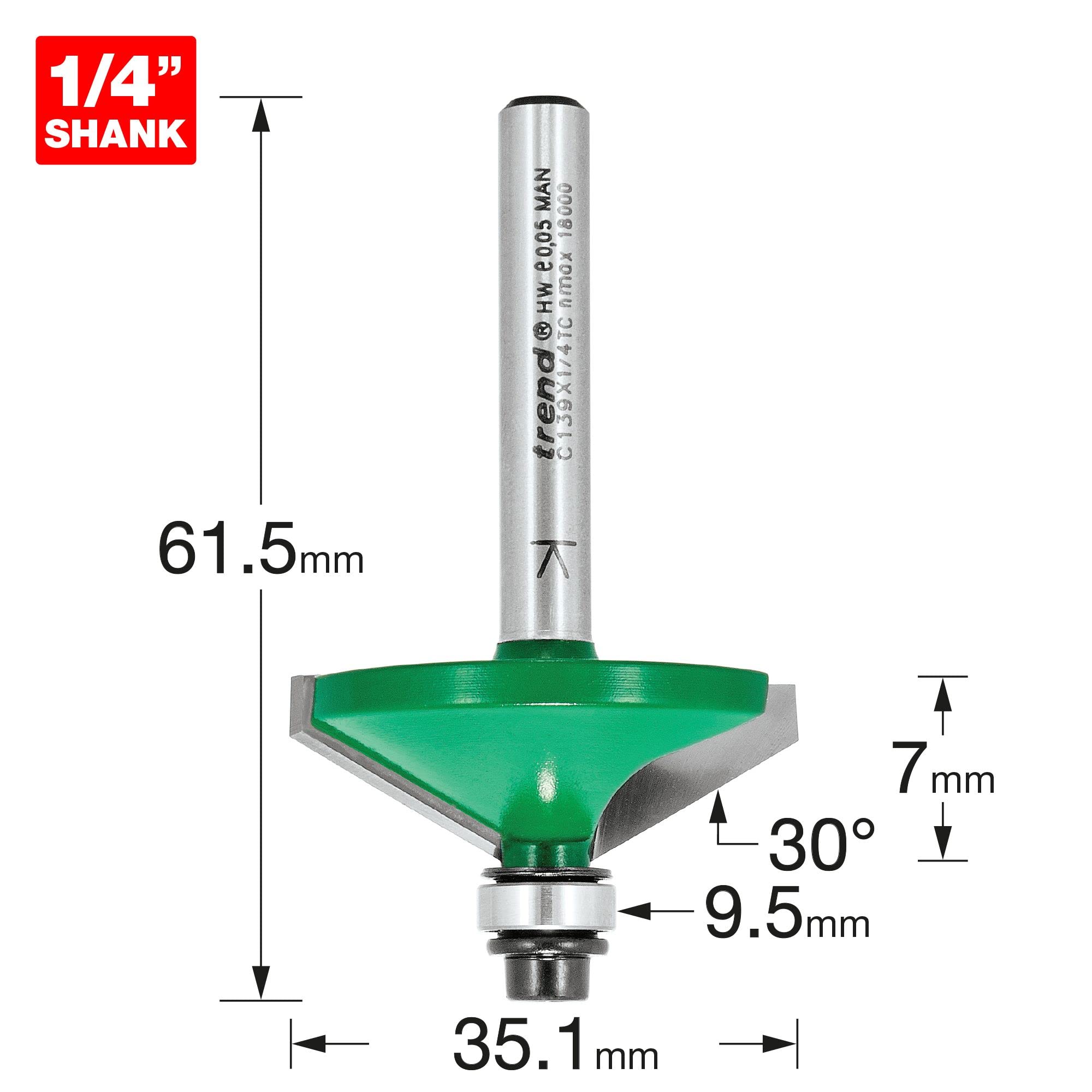 Trend Fresa smusso V 30° TCT Ø35,1 mm gambo 1/4 | TCT in carburo di tungsteno per smussi puliti e scanalature a V nel legno, gambo 1/4, C139X1/4TC