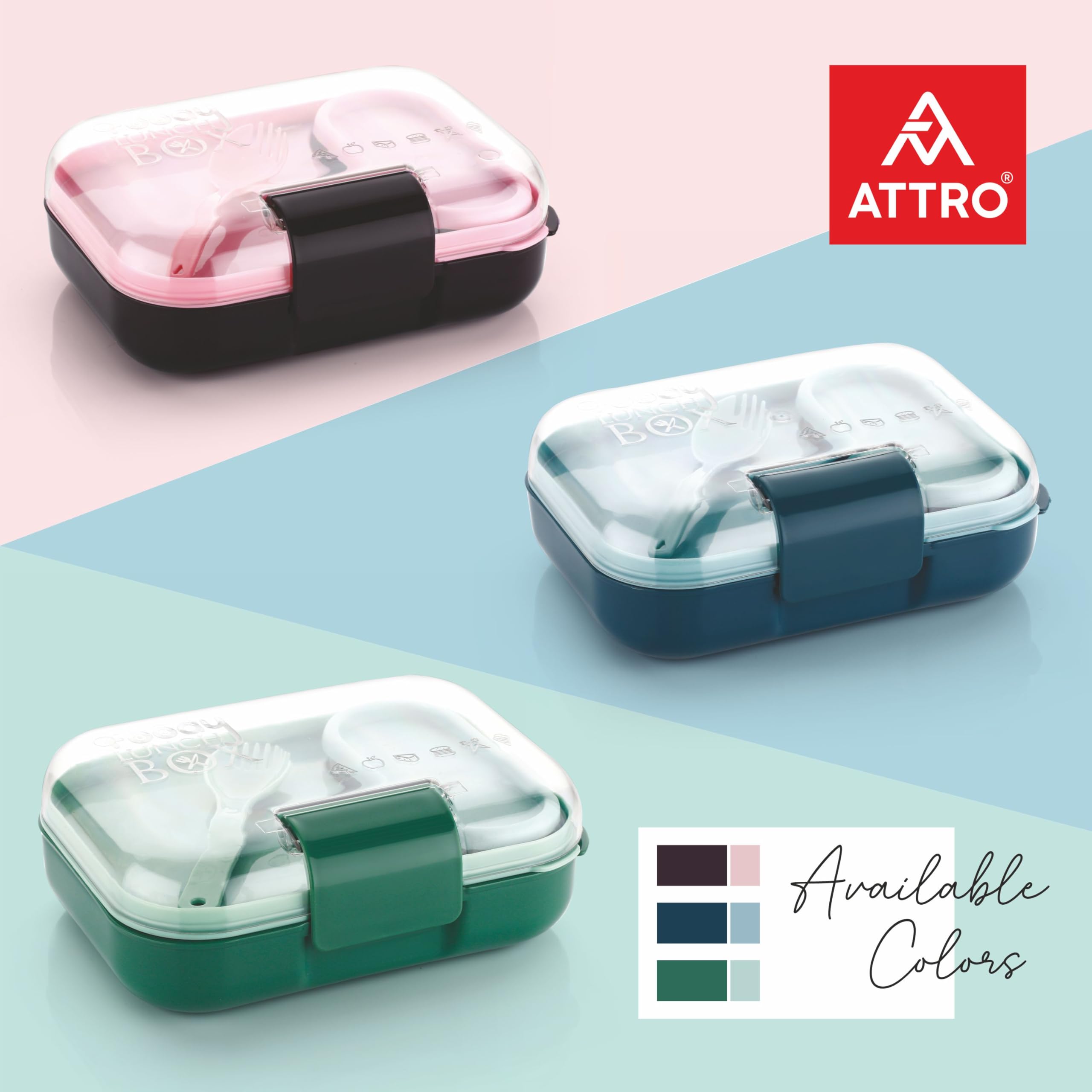 ATTRO Food Bite Kids Plastic Lunch Box – 3 Compartments, 1 Small Container & Spoon, with Stylish Lid BPA-Free, Freezer Safe, Ideal for School, Travel & Outdoor - Purple Pink-500ml 1