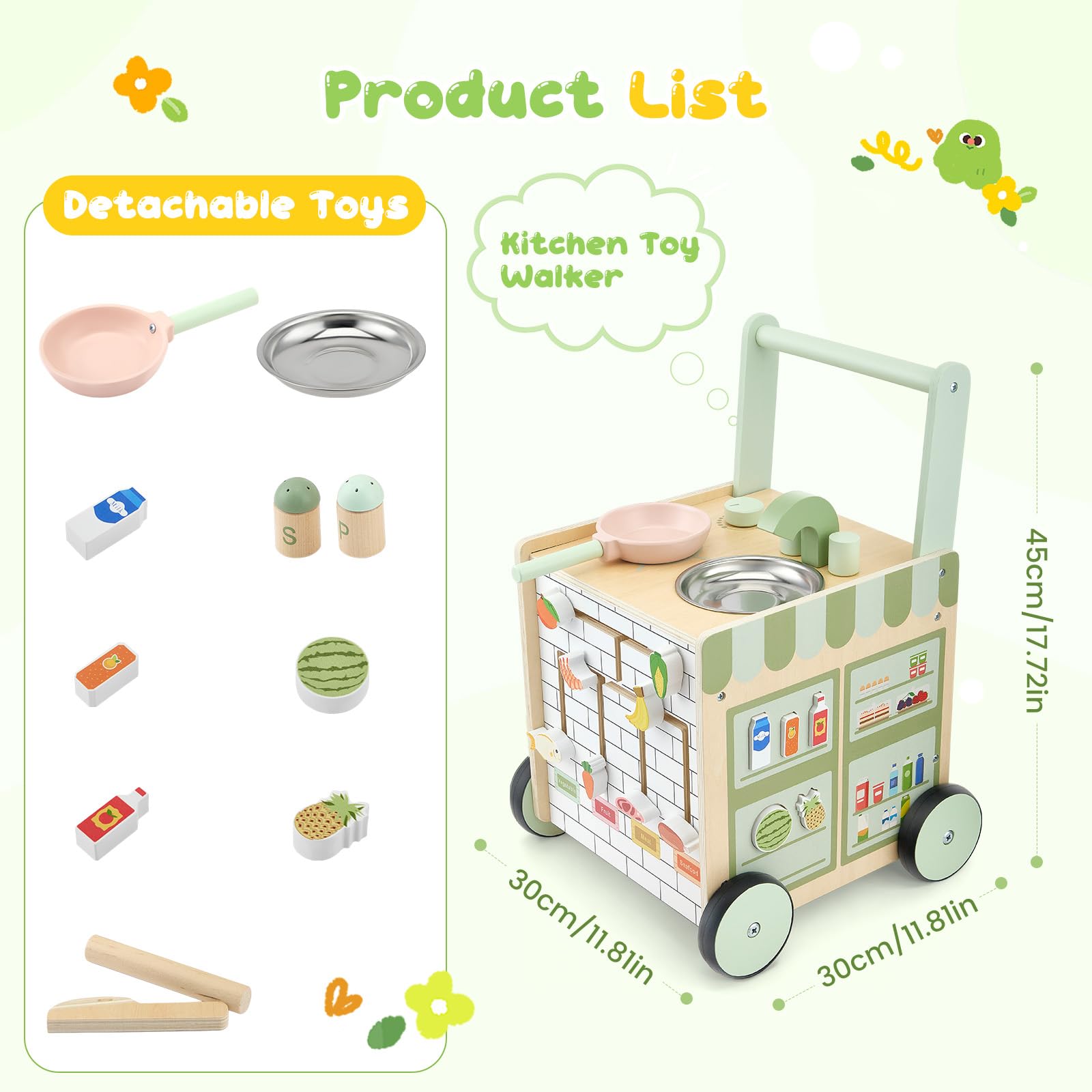 Andador Bebes, Andador Madera Bebé Desde 12 meses - con Centro de Actividades (Utensilio de Cocina, Pista de Laberinto de Frutas) Baby Walker Regalo ideal para niños y niñas de 1 a 3 años