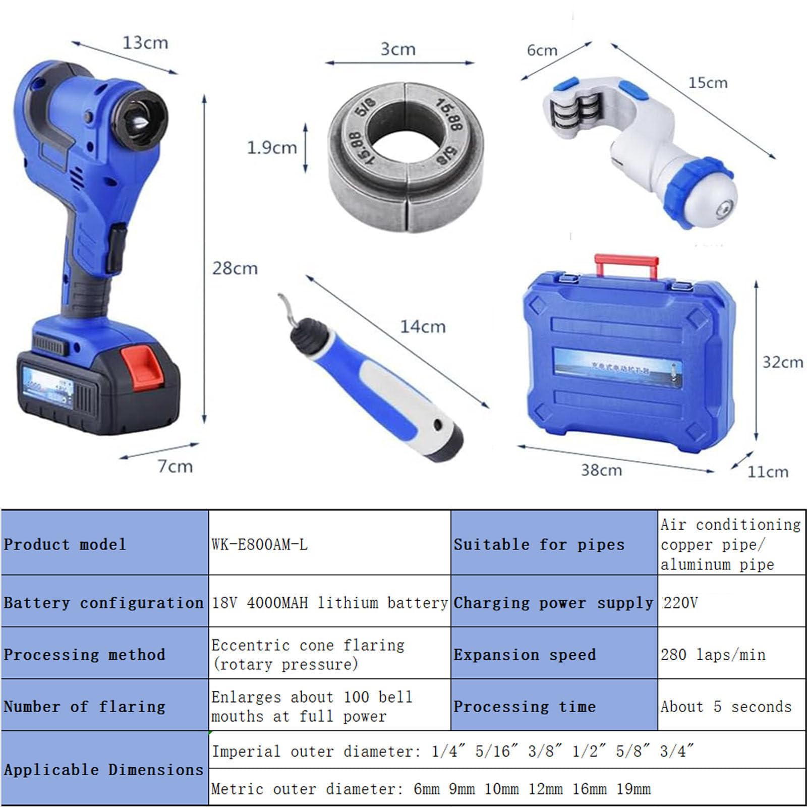 Kit d'outils d'évasement électrique sans fil pour réfrigération AC, 280 tours/min, 6 à 19 mm (1/4 à 3/4 pouce) évasée de tuyau en cuivre avec grattoir