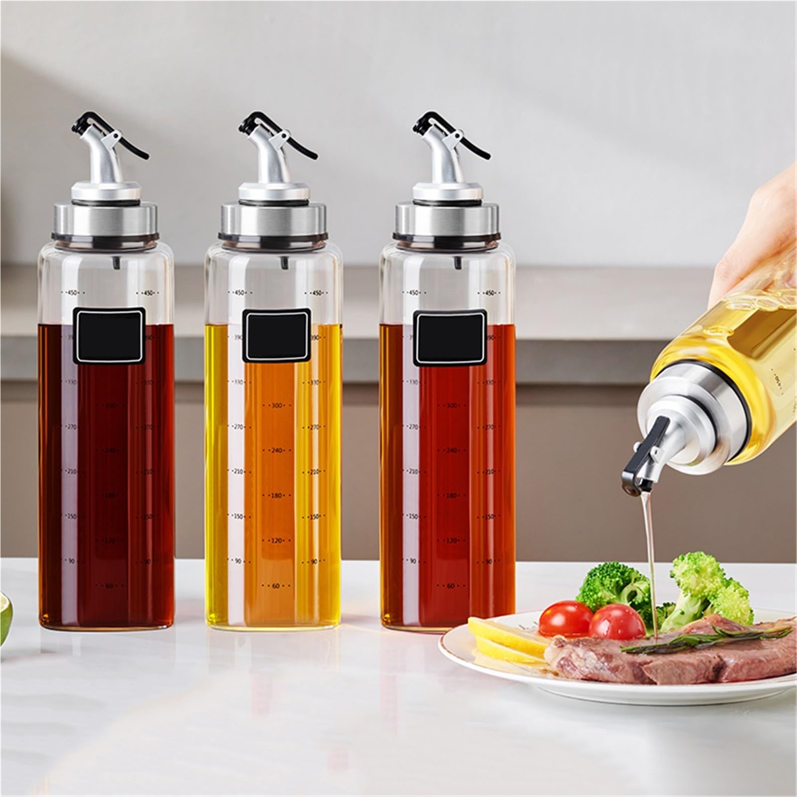 oliera Bottiglia for condimenti da cucina, contenitore for olio in vetro, ricaricabile, for salsa di soia e aceto, accessori(300ML)