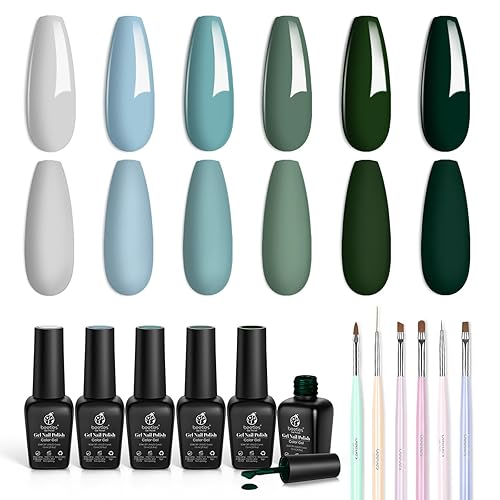 Beetles - Juego de esmaltes de uñas de gel azul y verde, 6 colores, gris brumoso, verde oscuro, lámpara LED de remojo, pinceles de arte,