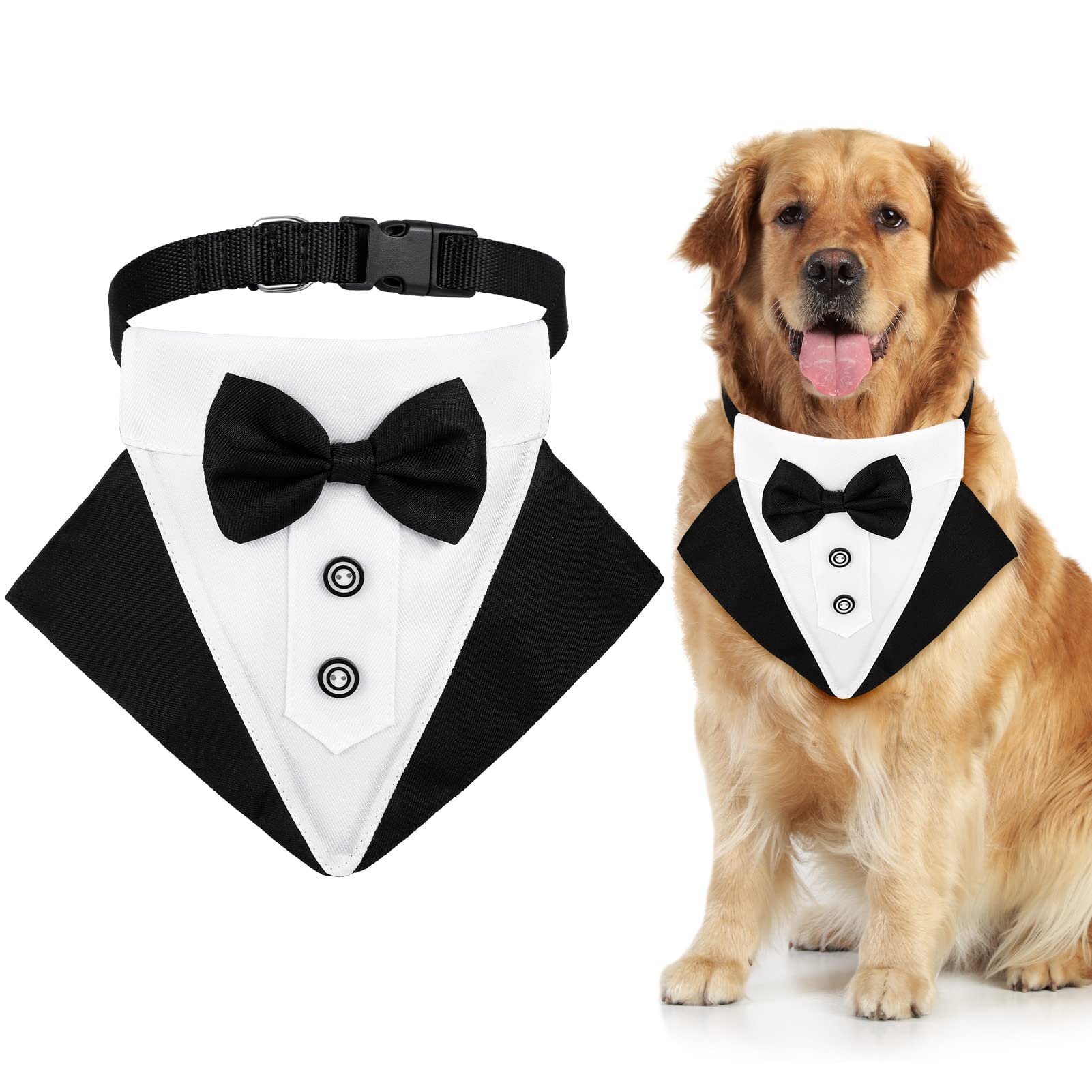 TERRIFI Formal Tuxedo Bandana Wedding Collar With Bow Tie and Neck Tie Designs, Adjustable Tux Bowtie Neckerchief for Small Medium Dogs (L)