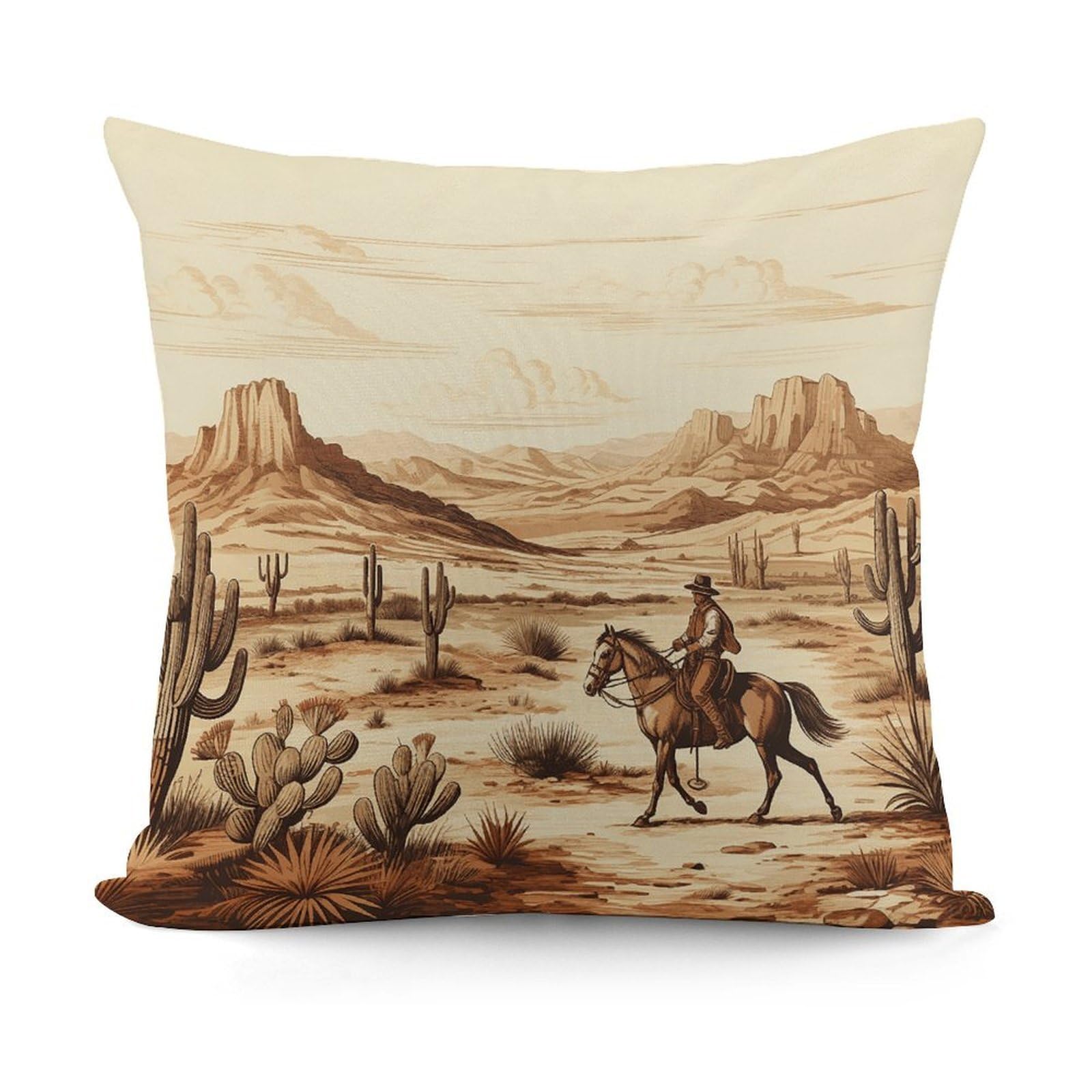 West Desert Cactus with Cowboys Riding Horses Throw Pillow Cover Soft Square Cushion Cover Art Artwork Pillow Covers Mordern Couch Pillow Covers Decorative Cushion Case for Chair Couch Bedroom Living