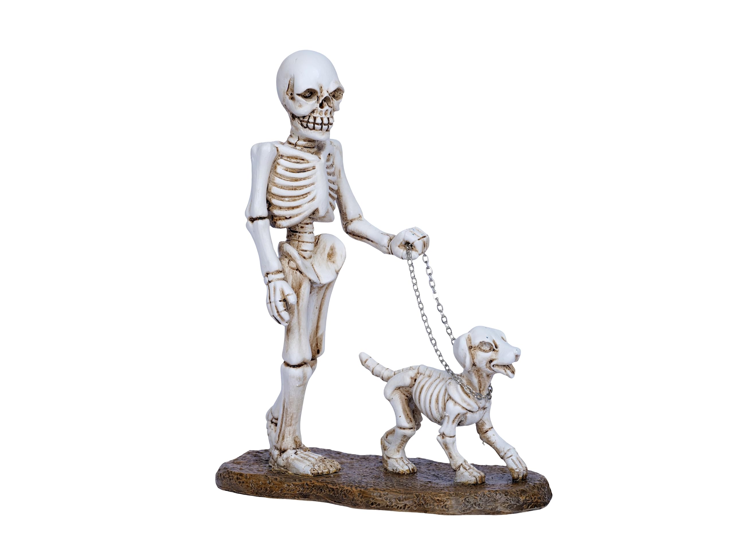 Halloween Skeleton Figurine with Skeleton Dog – 9 Inch Spooky Resin Skull Statue Realistic Halloween Decoration Figurines for Indoor Decor Tabletop Fireplace Shelf Gothic Centerpiece