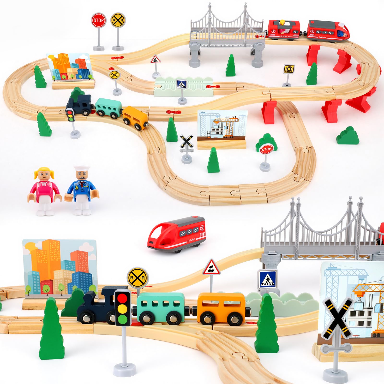 Wooden Train Set 72 PCS Train Track Set Toddler Model Railway Kit Wooden Railway Toy Sets Kids Toys Birthday Toys for 3 4 5 Year Old Boys Girls Gifts