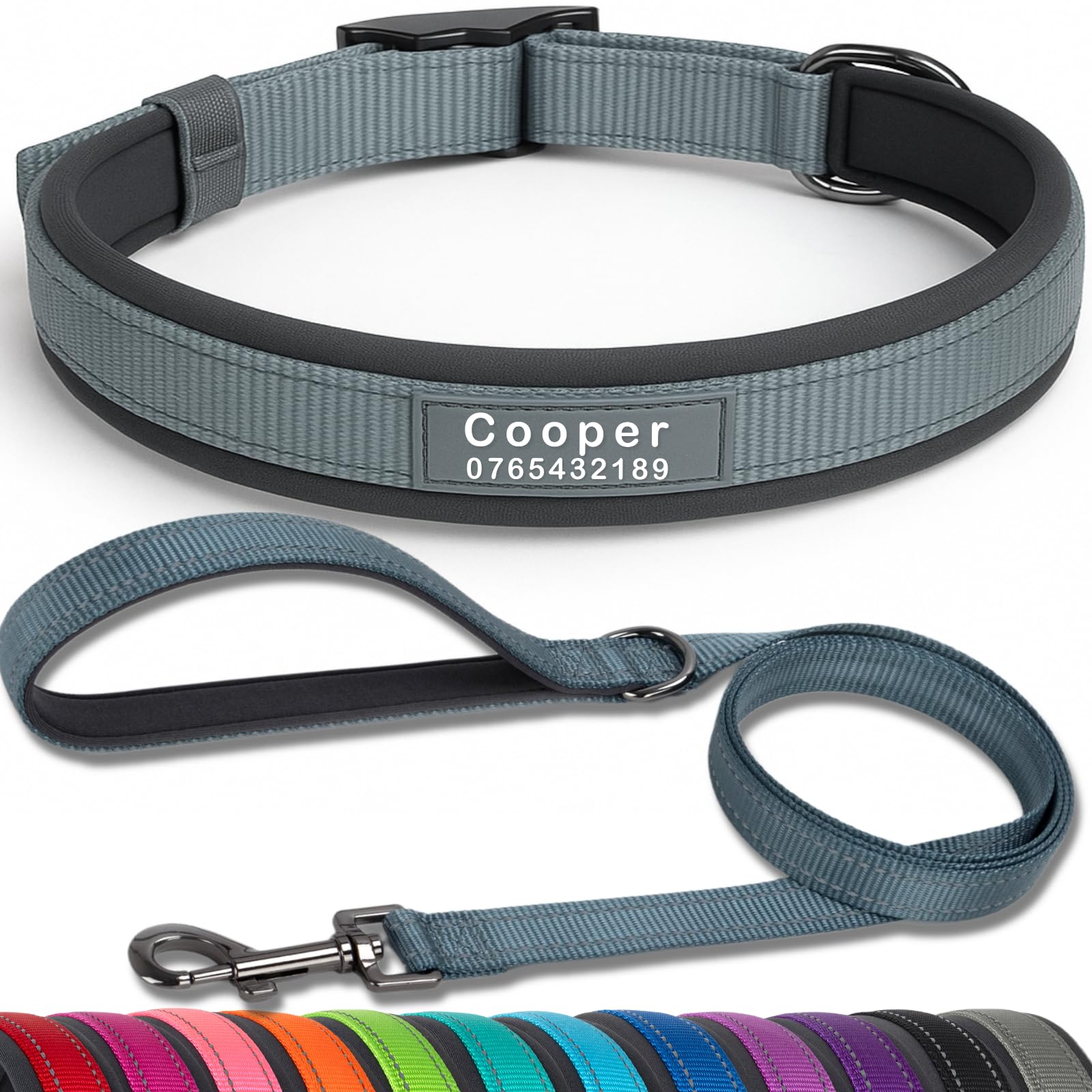 SEOUGEE Personalised Dog Collar and Lead Set | Durable Metal Buckle | Ultra Wide Soft Neoprene Padded | Adjustable Reflective Dog Collar for Small Medium Dogs (S, Grey Set 26-36cm)