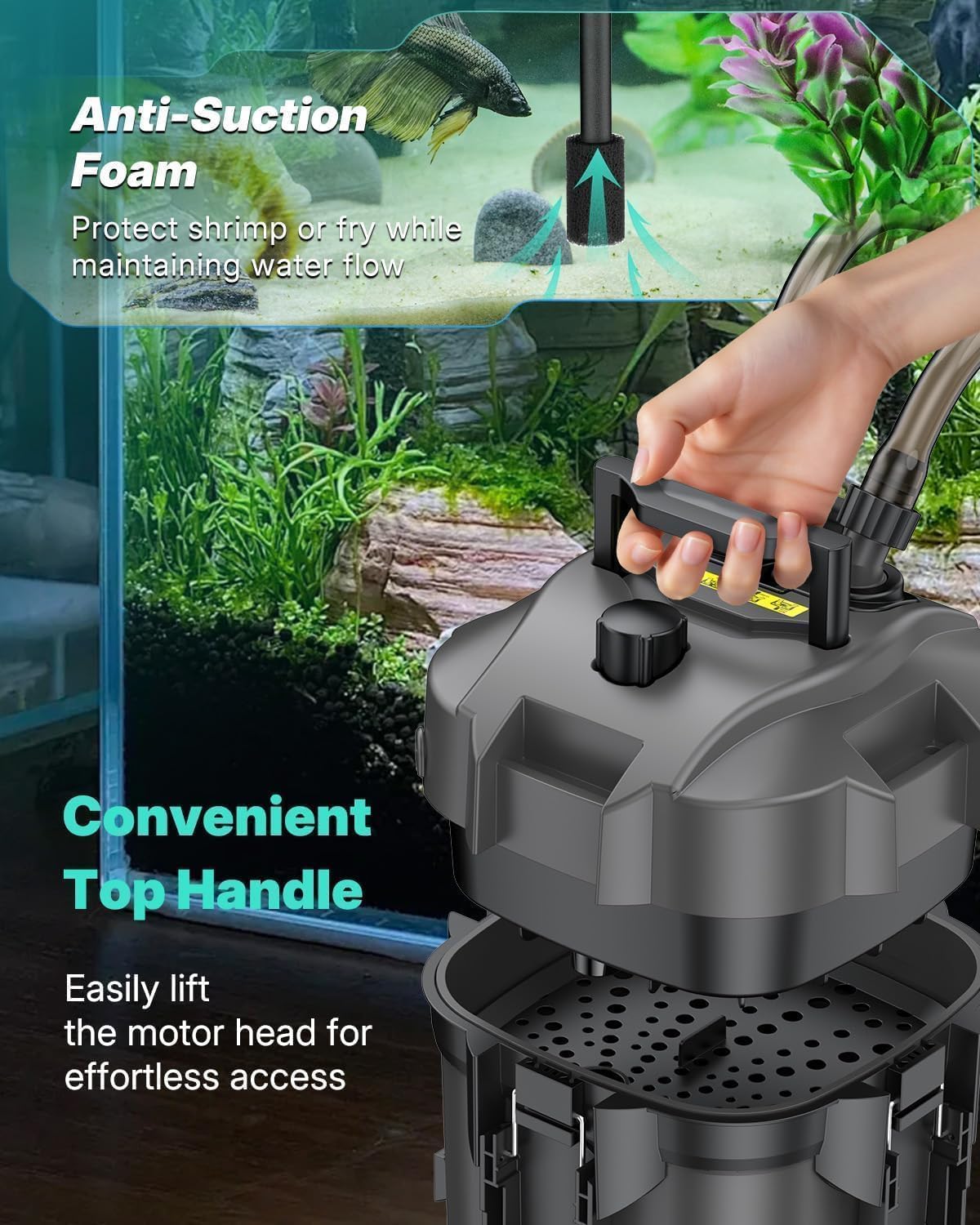 Pawfly Filtro a Canestro per Acquari 500 L/h, Filtro Esterno con Pompa Regolabile, Spugna e Anelli Ceramici, Ultra Silenzioso per Vasche da 50-170 Litri