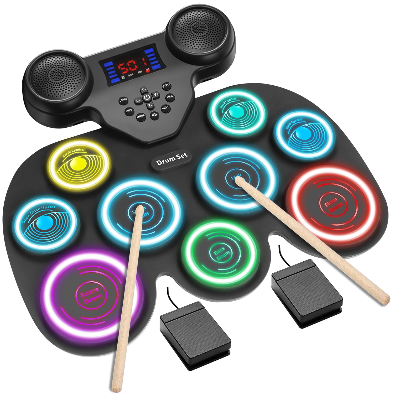 Electric Drum Set with 7-Color Dynamic LED Lights, 9-Pad Electronic Drum Set with Dual Speakers, Bluetooth MIDI, Portable Practice Drum Pad for Kids & Adult Beginners, Christmas Birthday Gift 7-Color LED Light