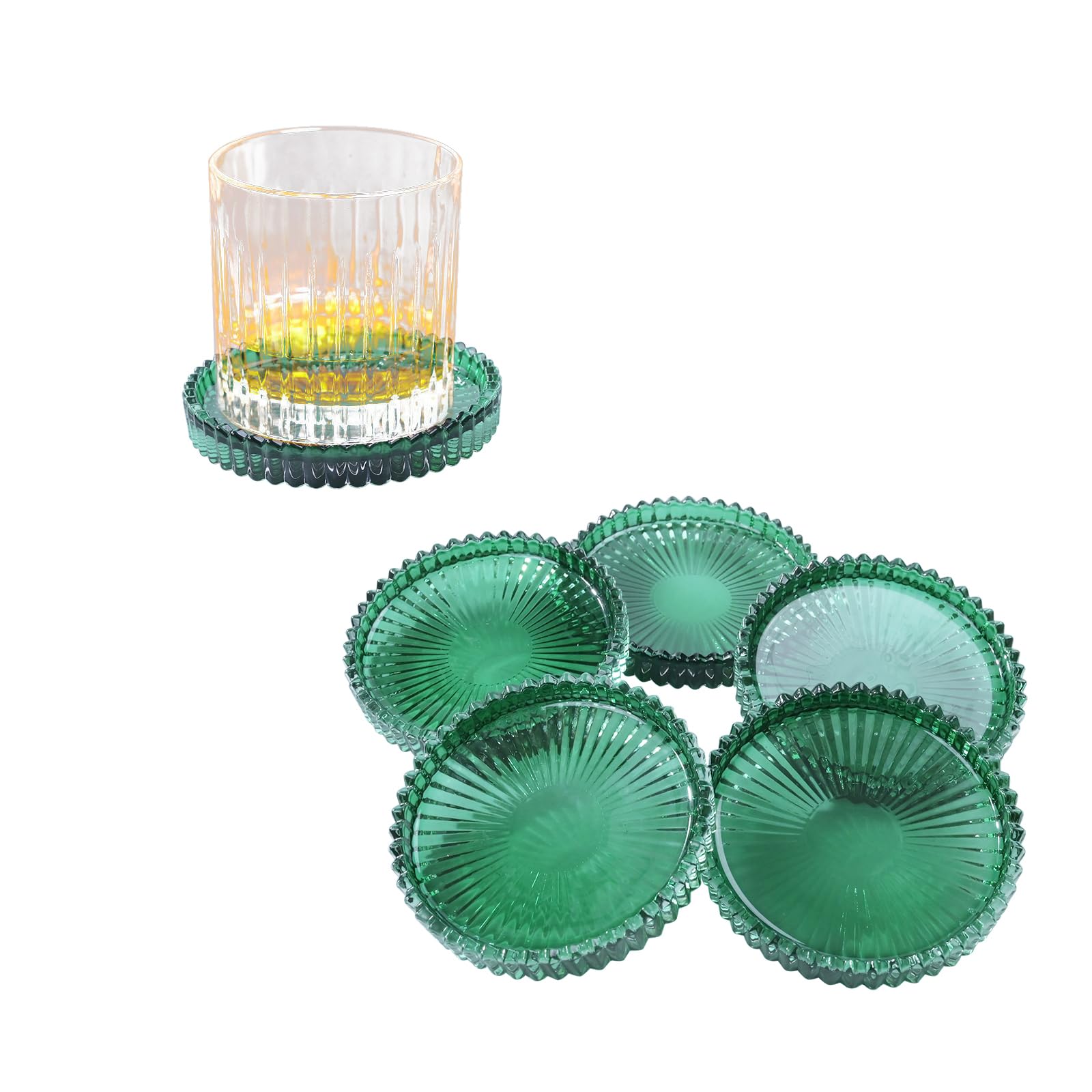 Glass Coaster 6 Pack Round Cup Coasters for Drinks,Crystal Coffee Coaster,Stylish Drink Coasters for Kitchen Bar Dining Room Living Room Office Decor and Jewelry Storage,Green 6 Green
