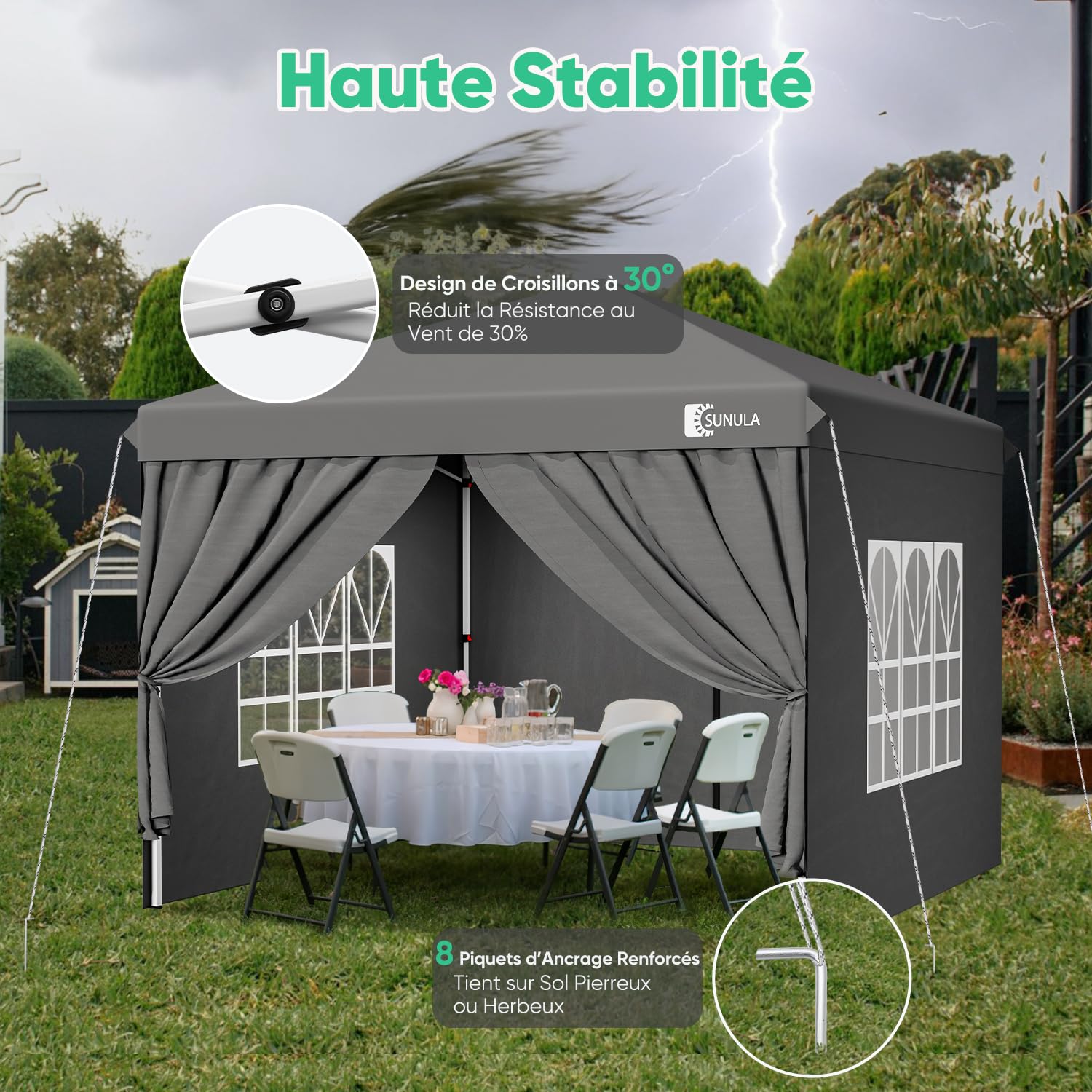 Sunula Tonnelle 3 x 3 m imperméable et stable avec 4 parois latérales, pliable, 3 x 3 m, avec tubes épaissis, tente de réception, tonnelle de jardin, tente pliable, pour camping, festival, fête (Gris)