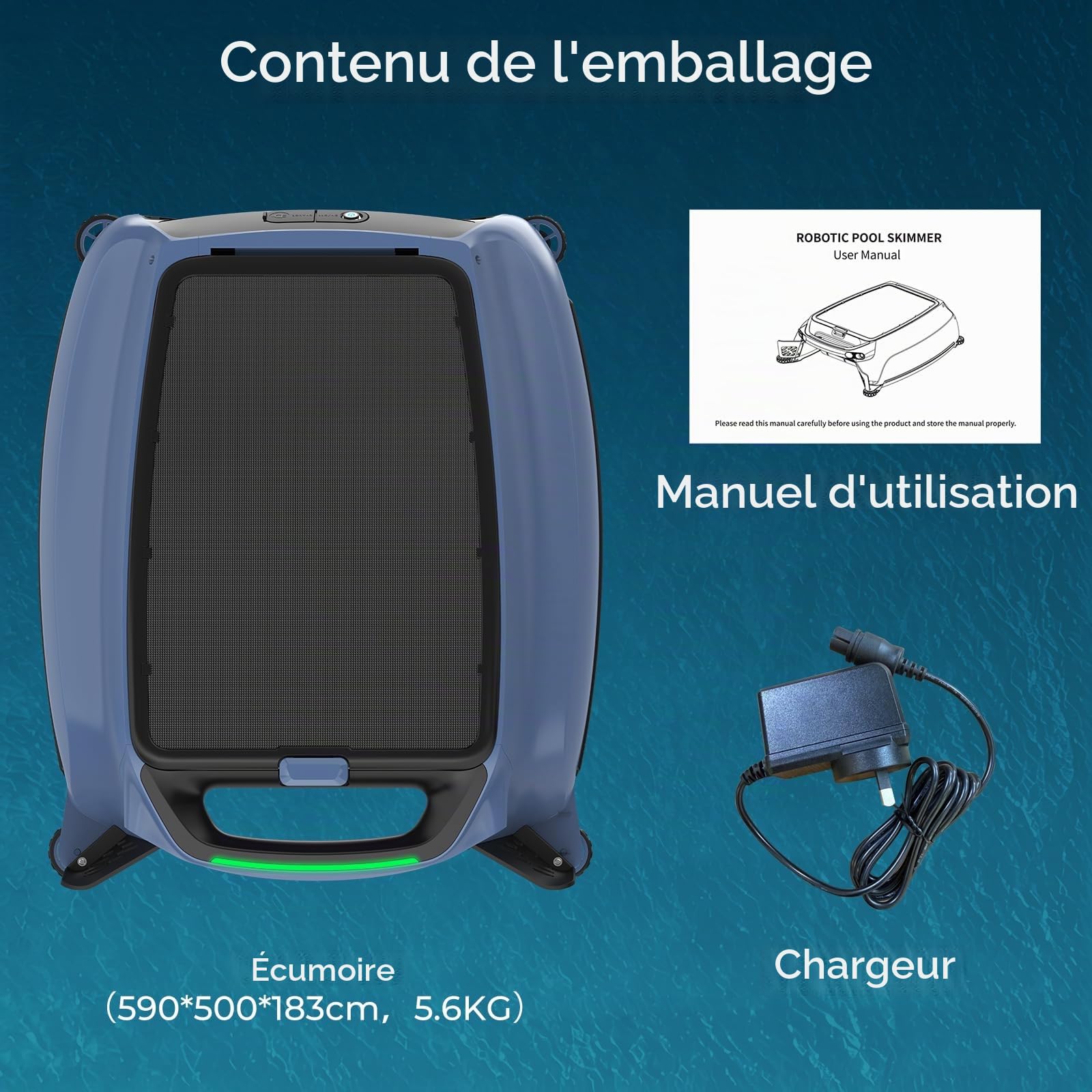 PS100 Robot Skimmer de Piscine Solaire, Robot Piscine sans Fil avec APP, Nettoyage de Surface 24/7, Panier de 6 L, Charge Solaire & Secteur, Détection d'obstacles, Suivi Solaire Actif