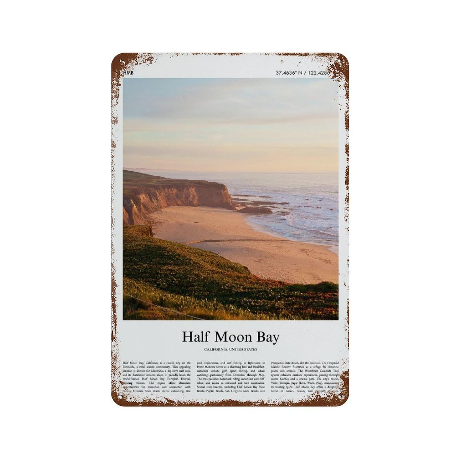 xiaoxiaoshen Half Moon Bay California City Scenery Wall Decor Art Metal Tin Poster Modern Home Decor Art Home Bar Shop Decorations Vintage Sign 30x20cm