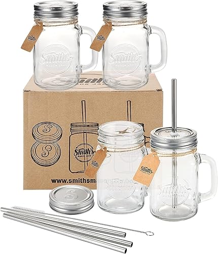 Smith's Mason Jars 4x mason jars 16 oz, Old Fashioned Mason jar with lid and straw, Perfect for Milkshake Glasses and mason jar drinking glasses,