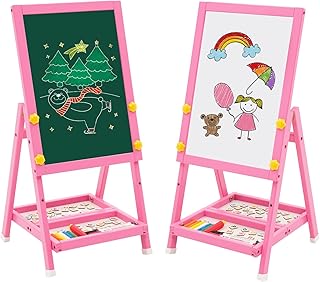 Kids Art Easel Double Sided Easel Whiteboard Blackboard,Foldale Mini Wood Easel for Kids,Drawing Board with Letters and Numbers 43 * 32 * 8.5(Pink)