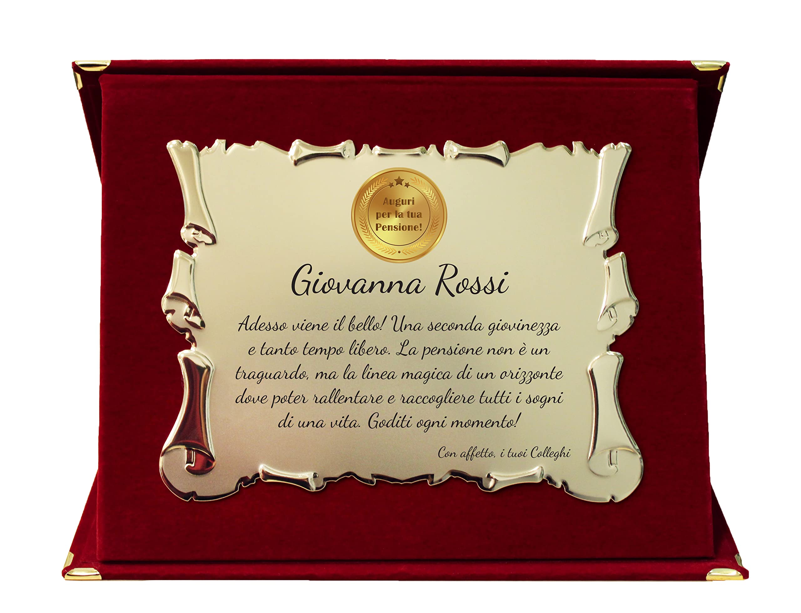 Targa Pensione | Cofanetto con Pergamena | congratulazioni per Pensione | Regalo Pensione Velluto Rosso con Targa