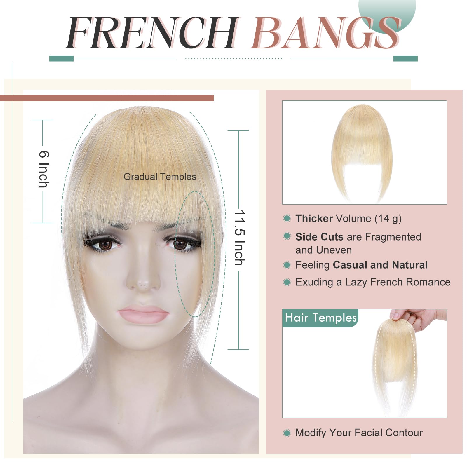 Elailite Clip in French Fringe Bangs Real Human Hair Hairpieces Extension Neat Bangs With Temples Natural For Women - Image 3