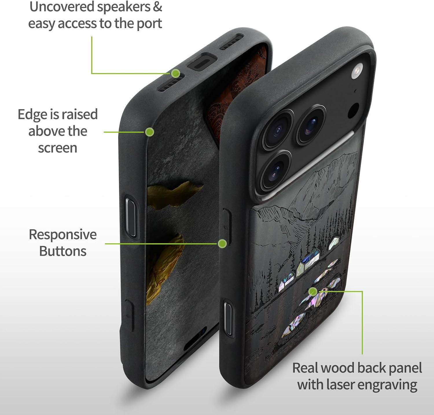 Carveit Magnetic Case for iPhone 17 Pro Max Case, Wood Artisan Engraved & Handmade Shell Inlaid, TPU Shockproof Cover, Compatible with MagSafe Wireless Chargers (Lakes and Mountains-Blackwood)