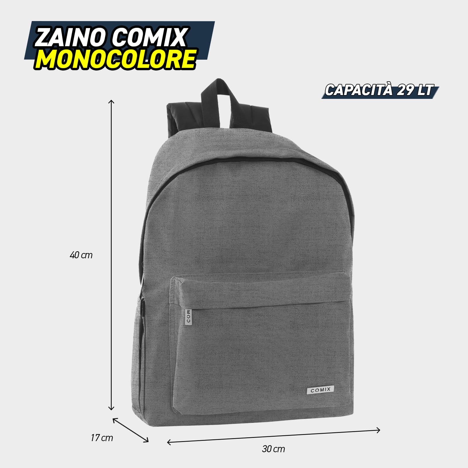 COMIX - Zaino Scuola Media, Elementare, Superiore, Vano Principale con Parapioggia, Tasca Frontale e Laterale, Schienale Imbottito e Rinforzato, Spallacci Regolabili, Retro Antiscivolo, 30x40Hx17 cm