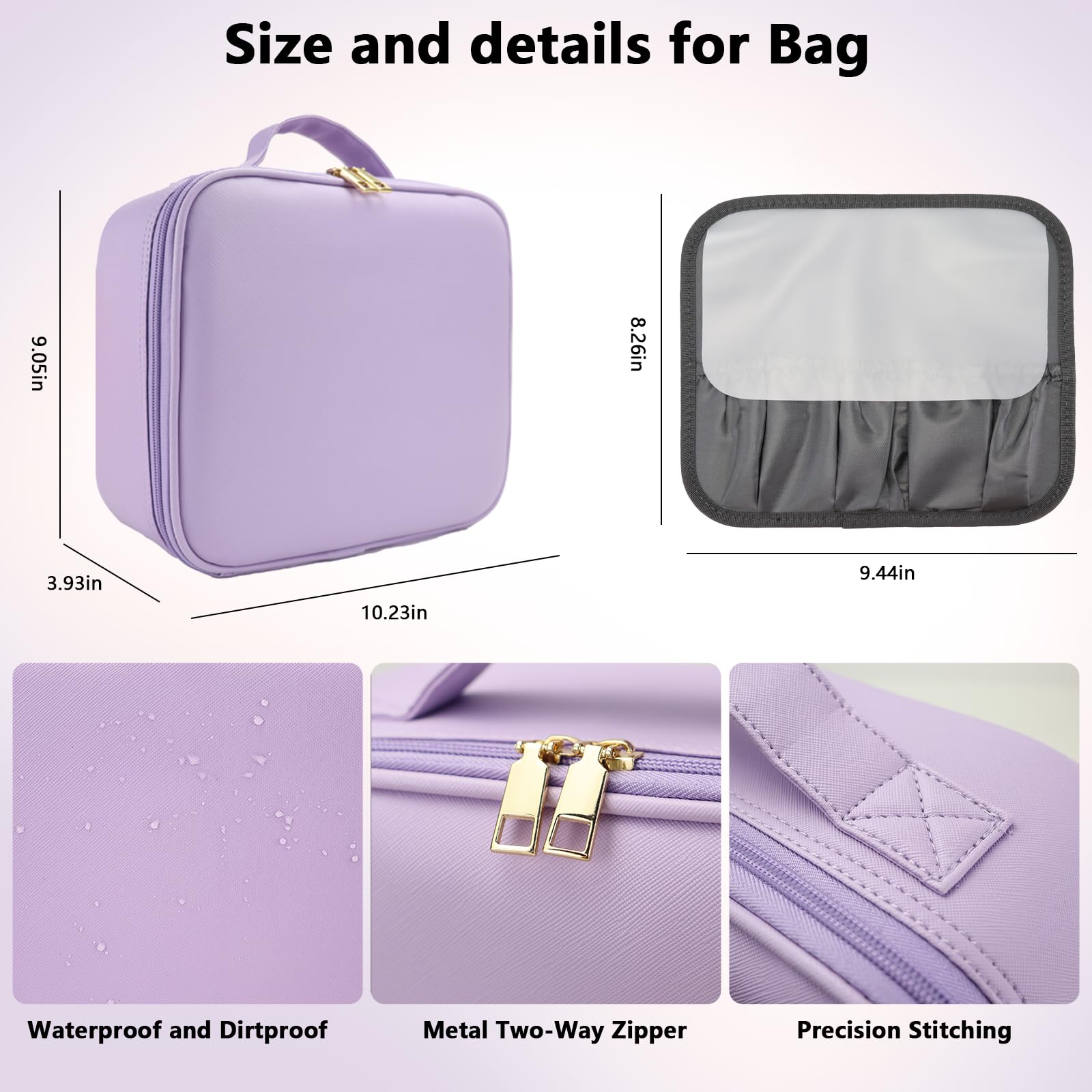 Make-up-Tasche mit LED-Spiegel, Reise-Make-up-Organizer mit 3 beleuchteten Einstellungen, verstellbaren Trennwänden und Make-up-Pinsel-Aufbewahrung, 6-Purple