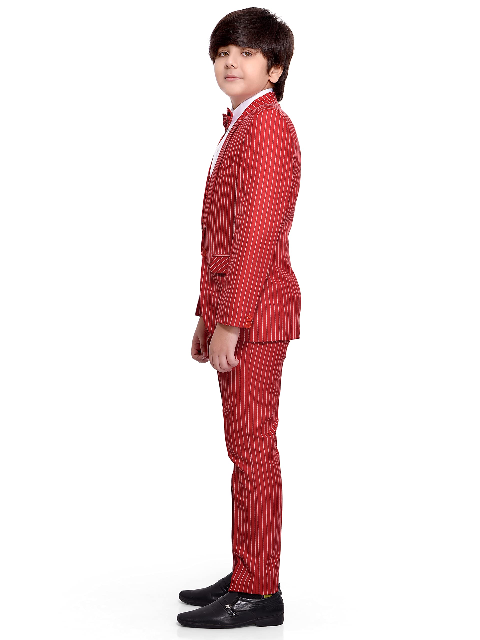 Jeetethnics Boys Red Striped Coat Suit Set with Waistcoat Shirt and Trousers (9077A)