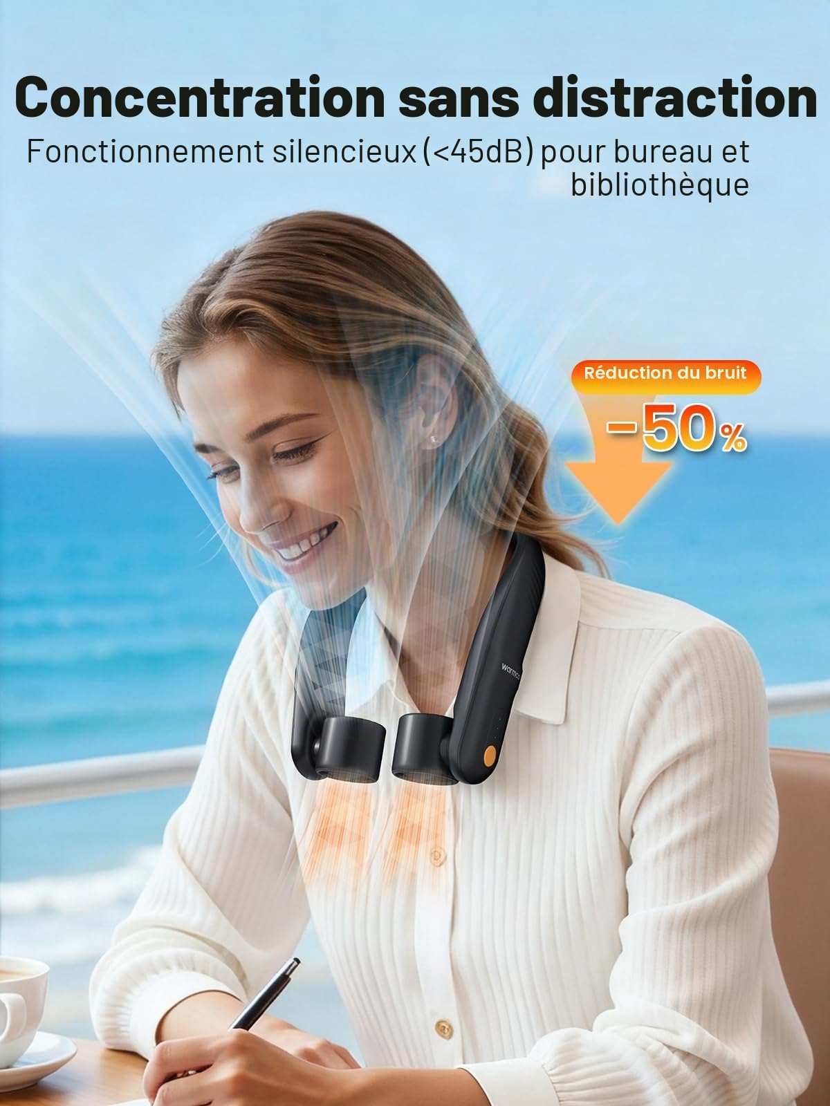 Warmco Ventilateur de cou portable rechargeable, 5200 mAh, fonctionne à piles, ventilateur portable mains libres, ventilateur personnel à 3 vitesses pour voyage, extérieur, maison, bureau, cadeaux