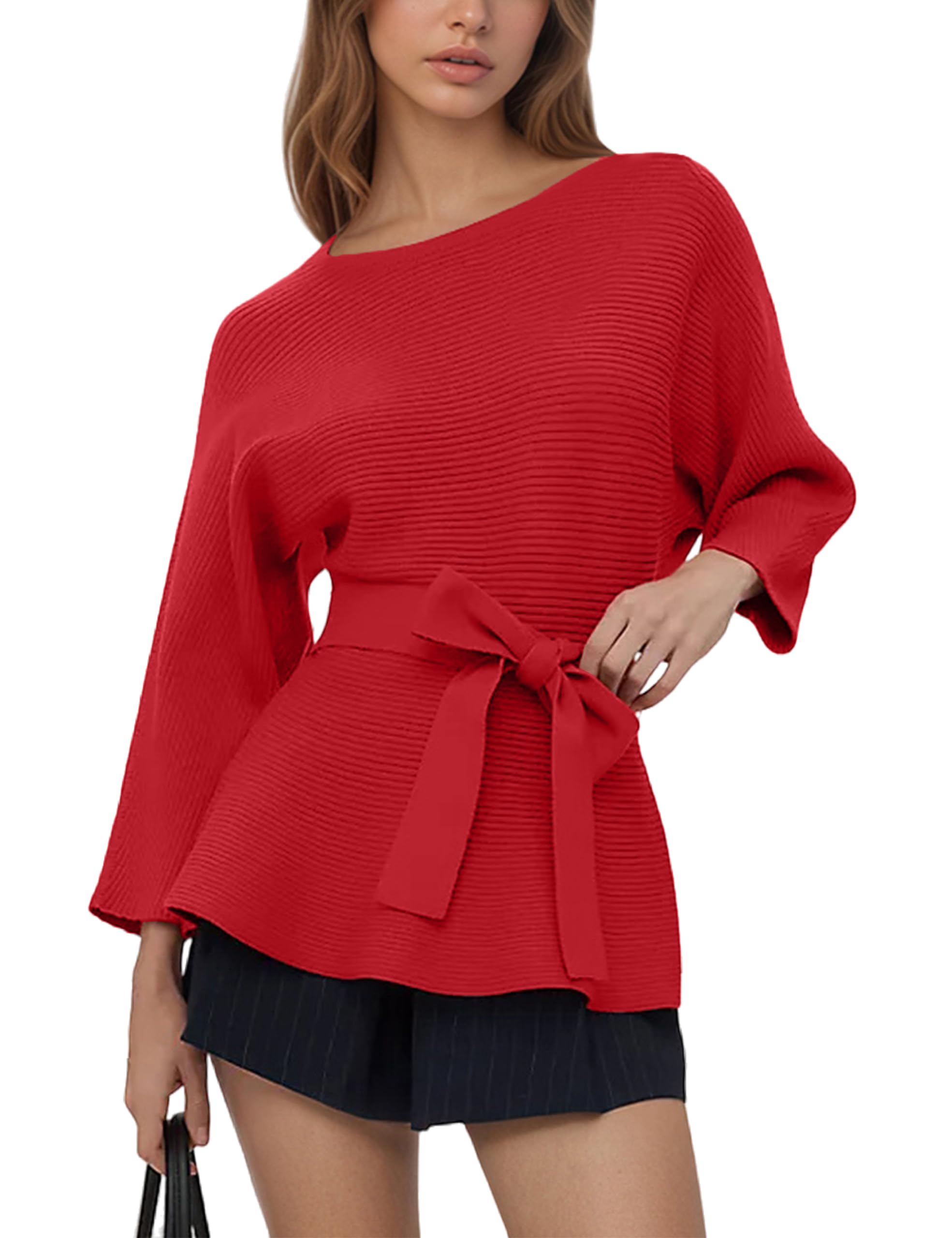 Women Peplum Ribbed Knitted Pullover Sweaters Fall Dressy Causal Crewneck 3 4 Sleeve Jumper Tops with Belt