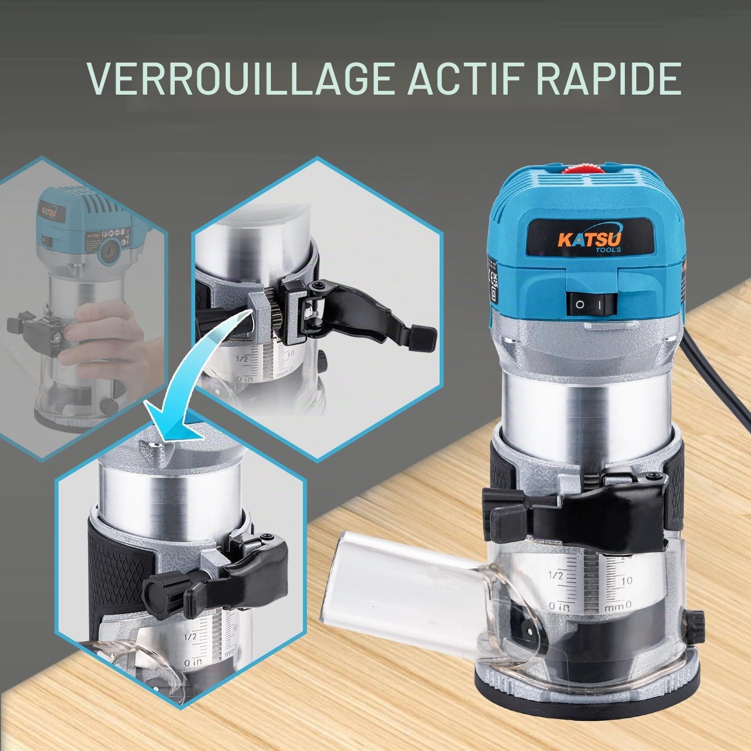 KATSU Tools Toupie/affleureuse bois électrique 710 W – démarrage en douceur, base plongeante, corps aluminium, 3 mandrins (1/4", 6 mm, 8 mm) bricolage