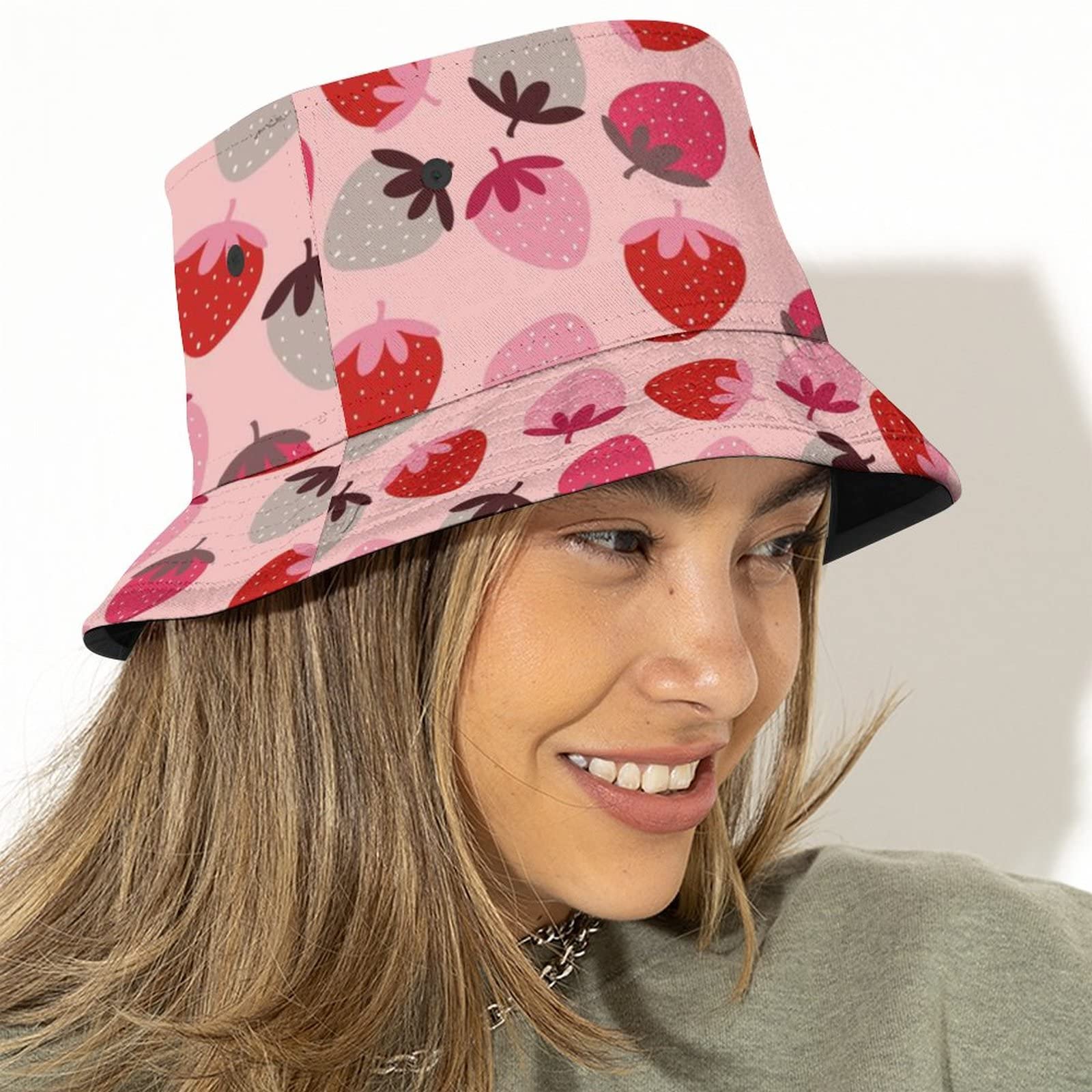 Cute Strawberry Bucket Hat for Women Men Unisex Cotton Wide Brim Sun Hat Outdoor Summer Travel Hiking Beach Cap